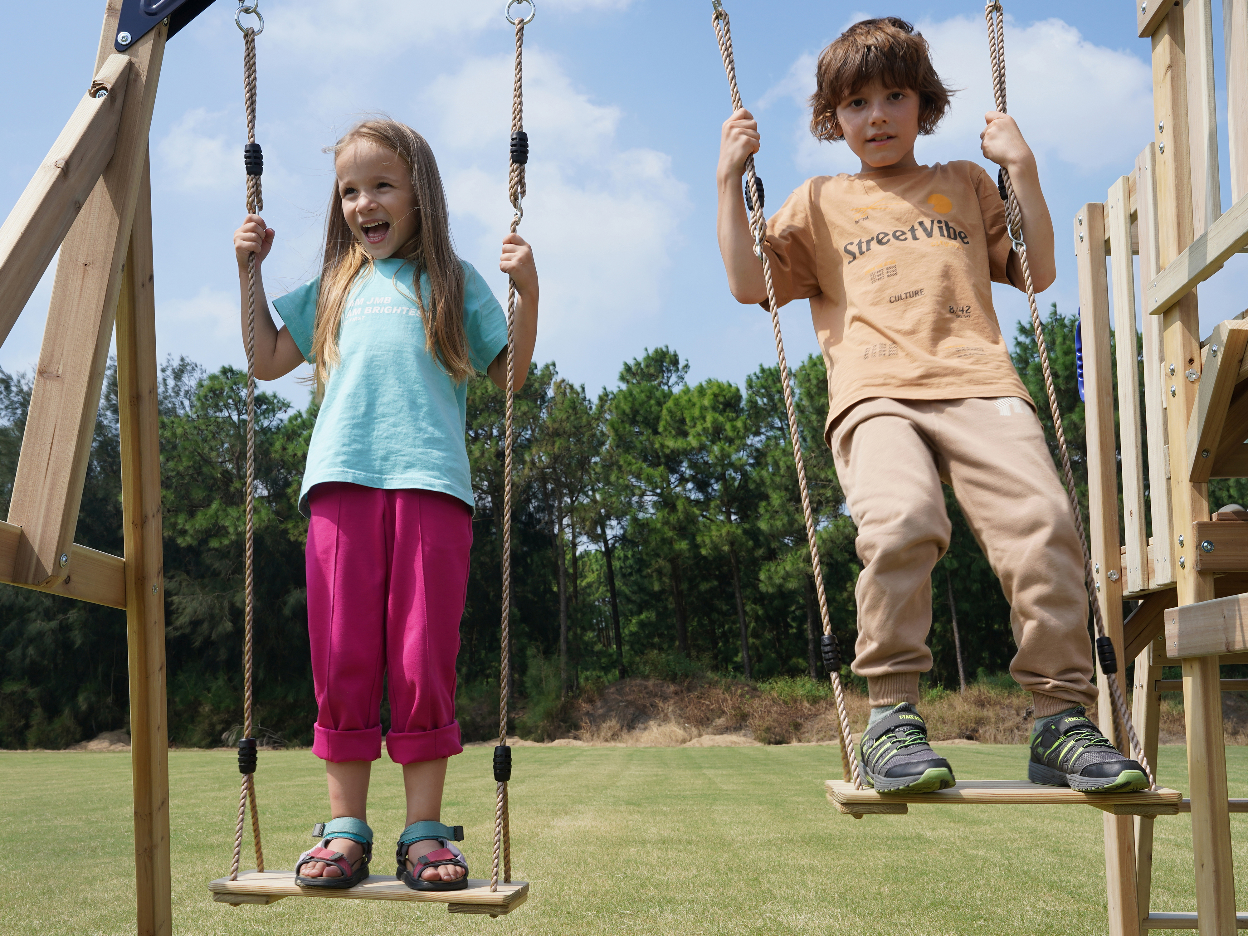 AXI Mette Climbing Frame with Double Swing Set and Picnic Table - Pastel Green Slide