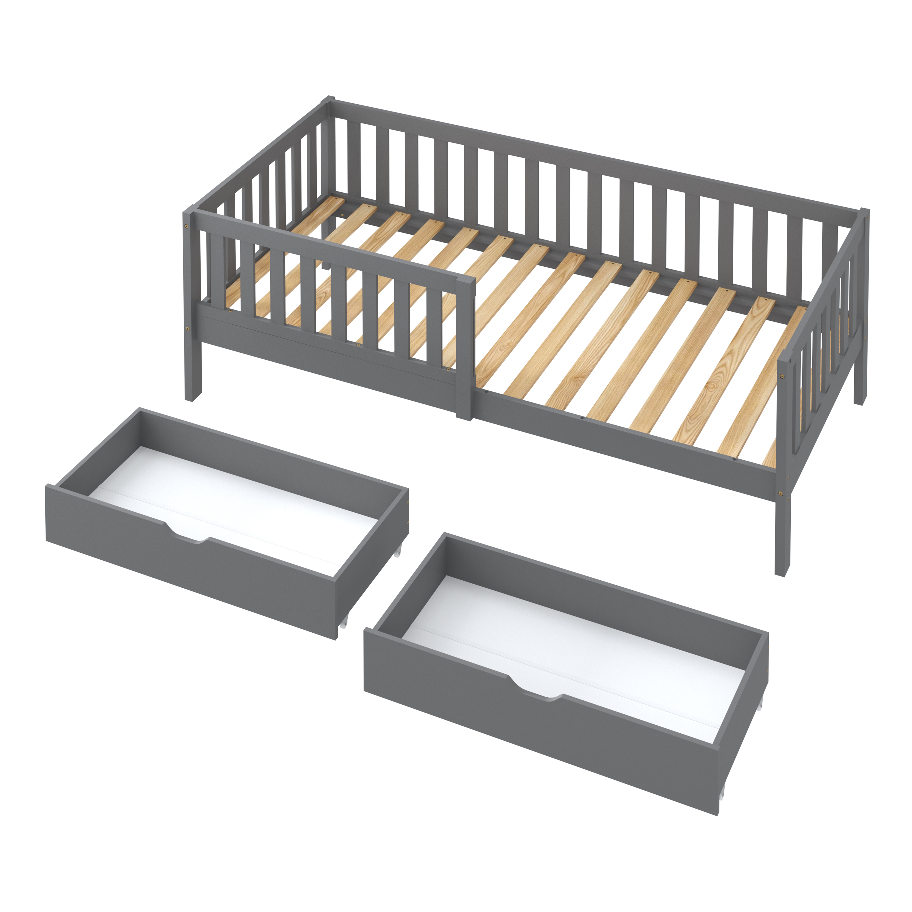 Sunny Isa Kids Bed with 2 Storage Drawers and Guardrail Grey – Without Mattress