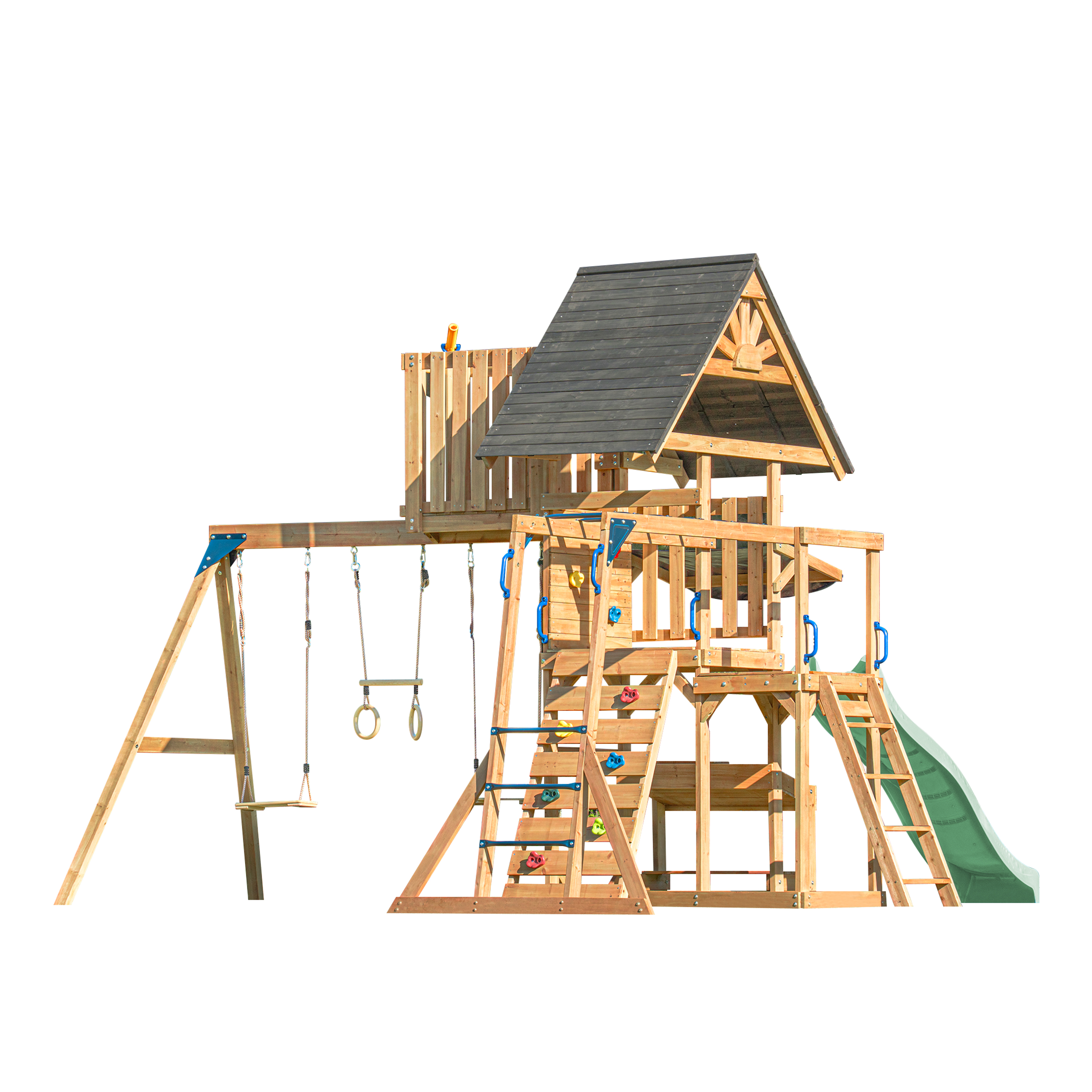 AXI Mitch Climbing Frame with Double Swing, Trapeze and Lookout Tower – Pastel Green Slide