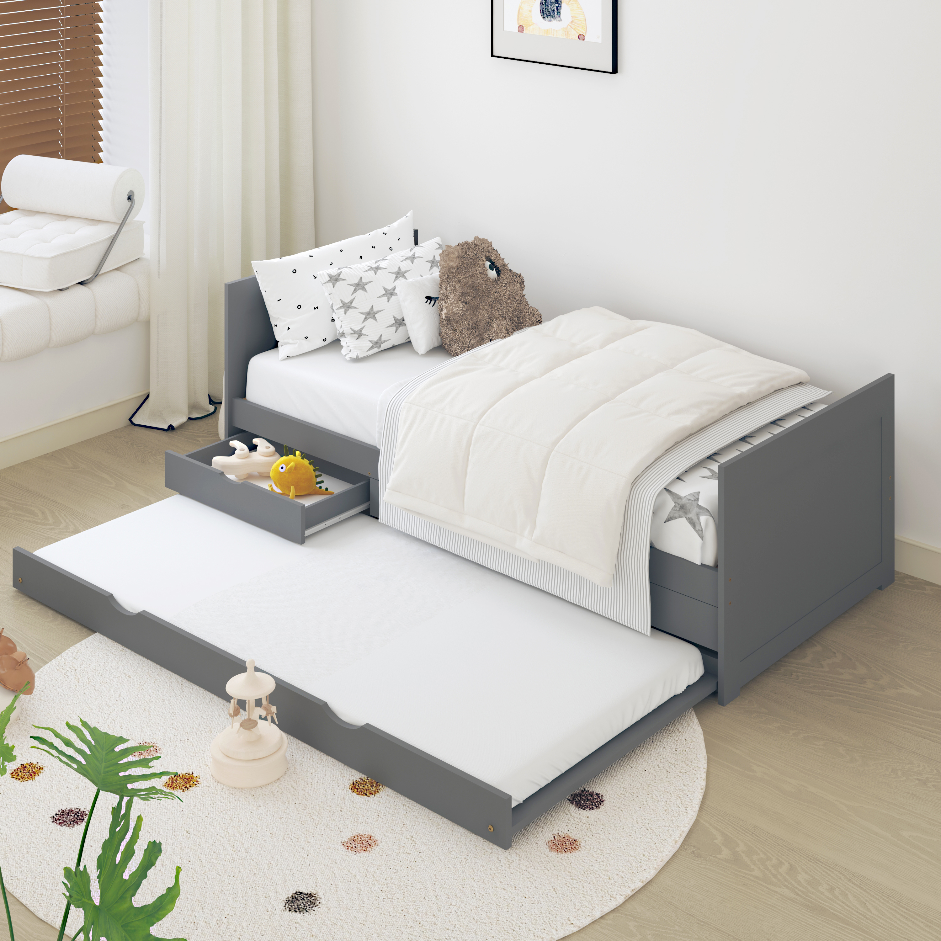 Sunny Eli Kids Bed with Trundle and 3 Storage Drawers Grey – Without Mattress
