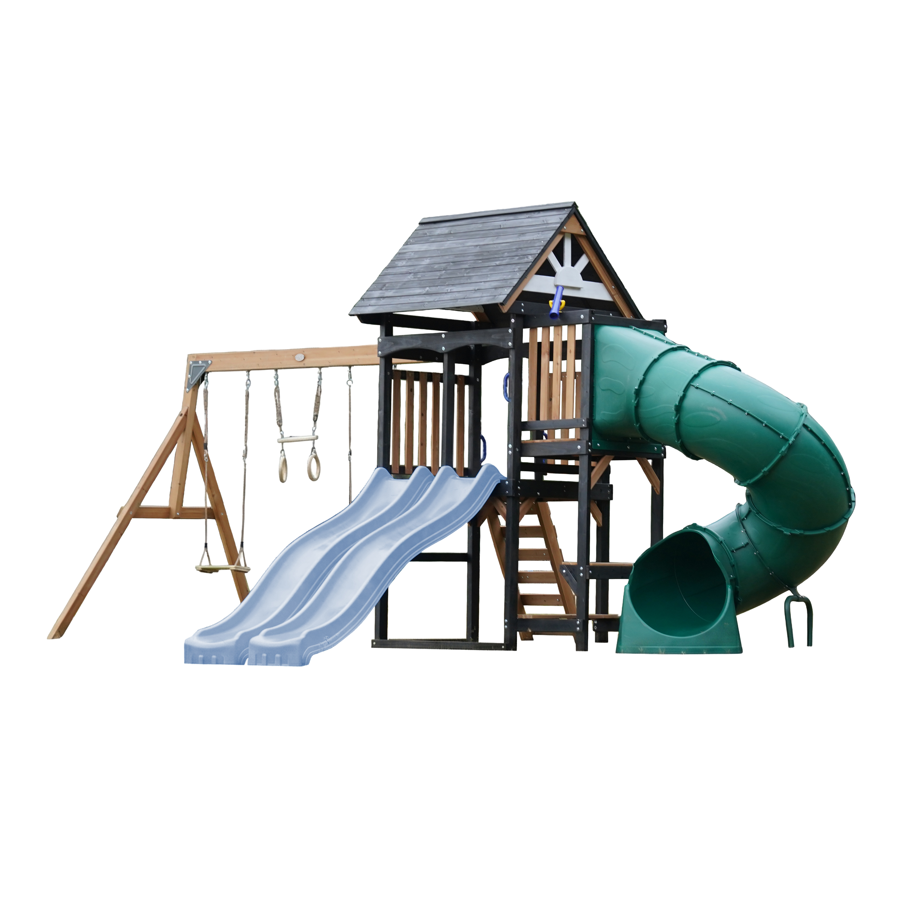 AXI Cody Climbing Frame with Swings. Trapeze and Climbing Wall – Pastel Blue Double Slide and Tube Slide