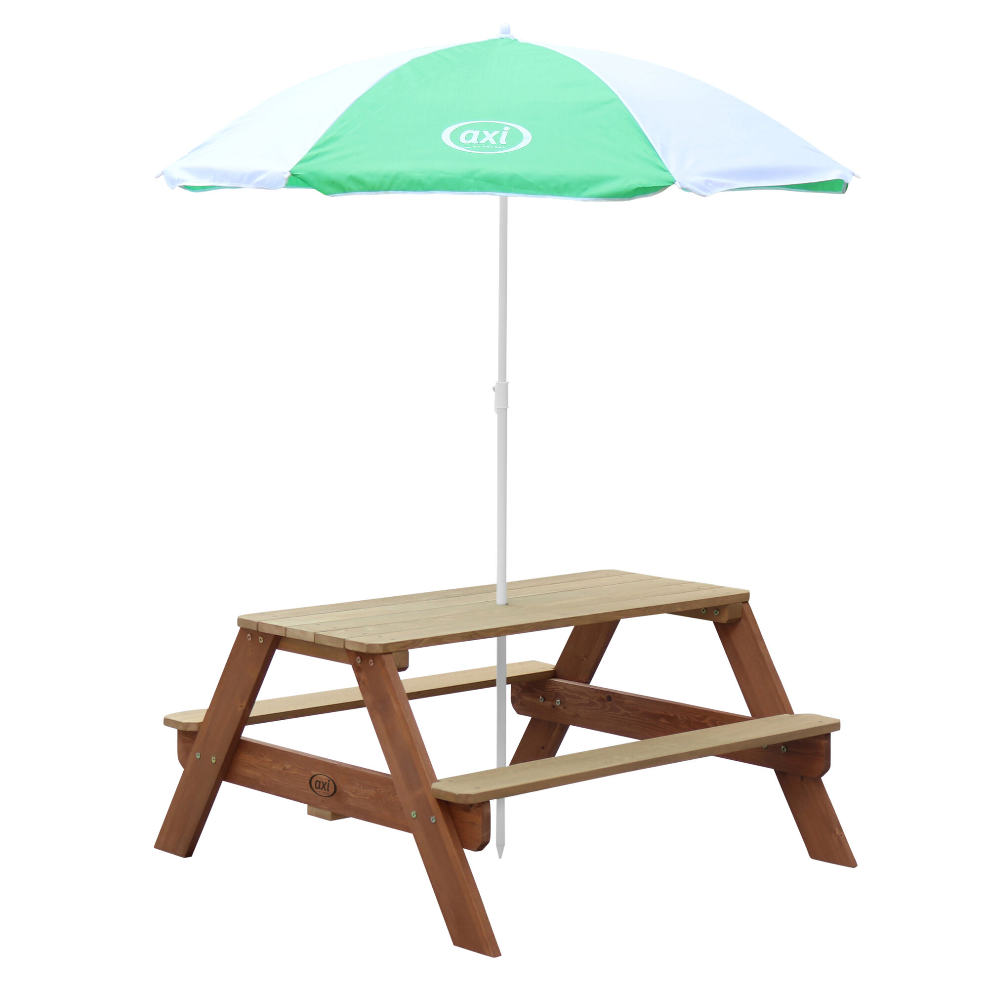 productfoto AXI Nick Picknicktafel Bruin - Parasol Groen/wit