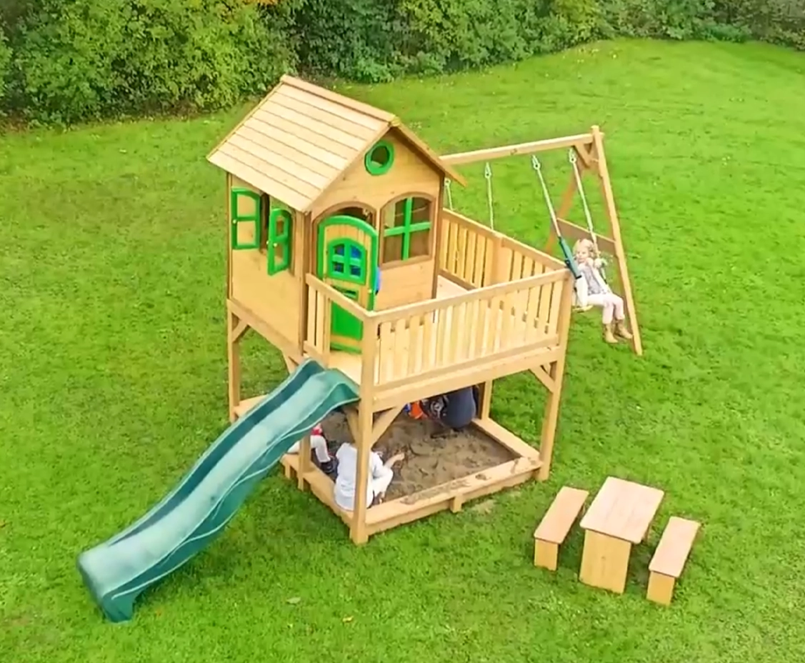 AXI Liam Playhouse with Double Swing Set Brown/White - Lime Green Slide