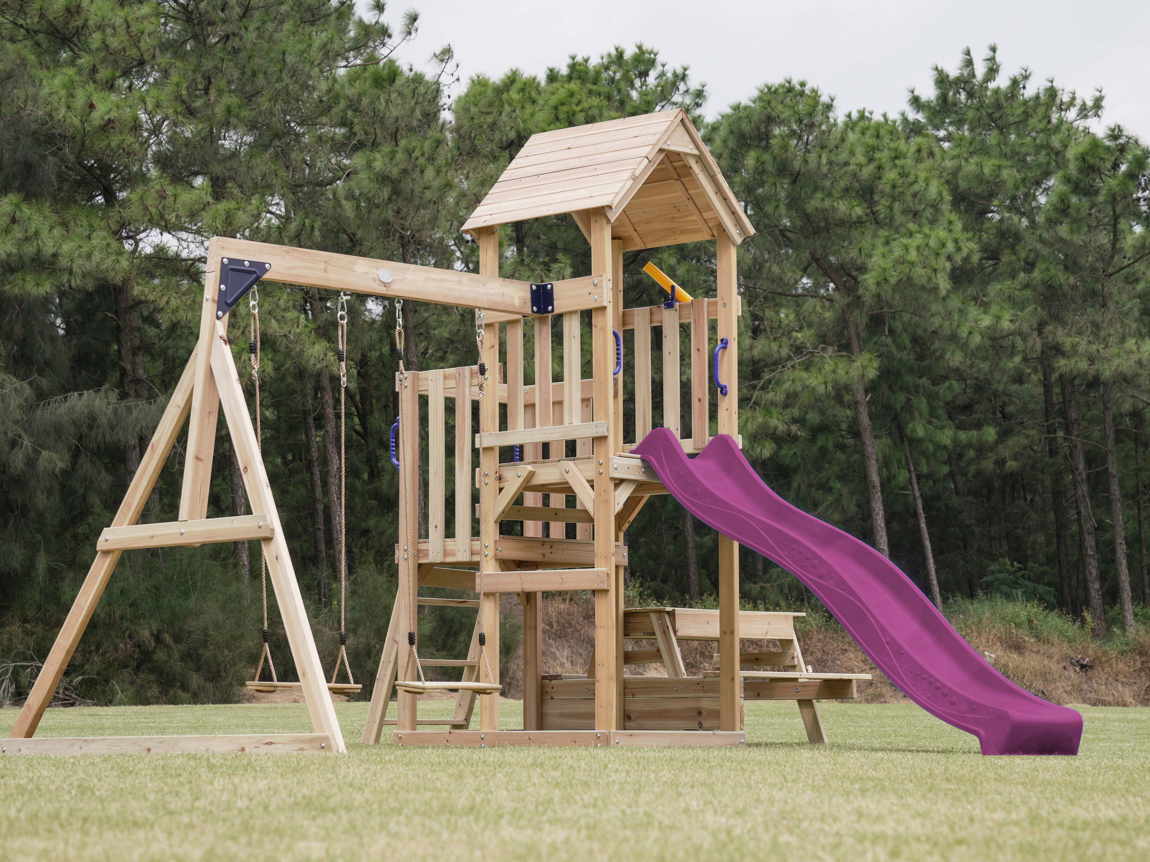 AXI Mette Climbing Frame with Double Swing Set and Picnic Table - Purple Slide