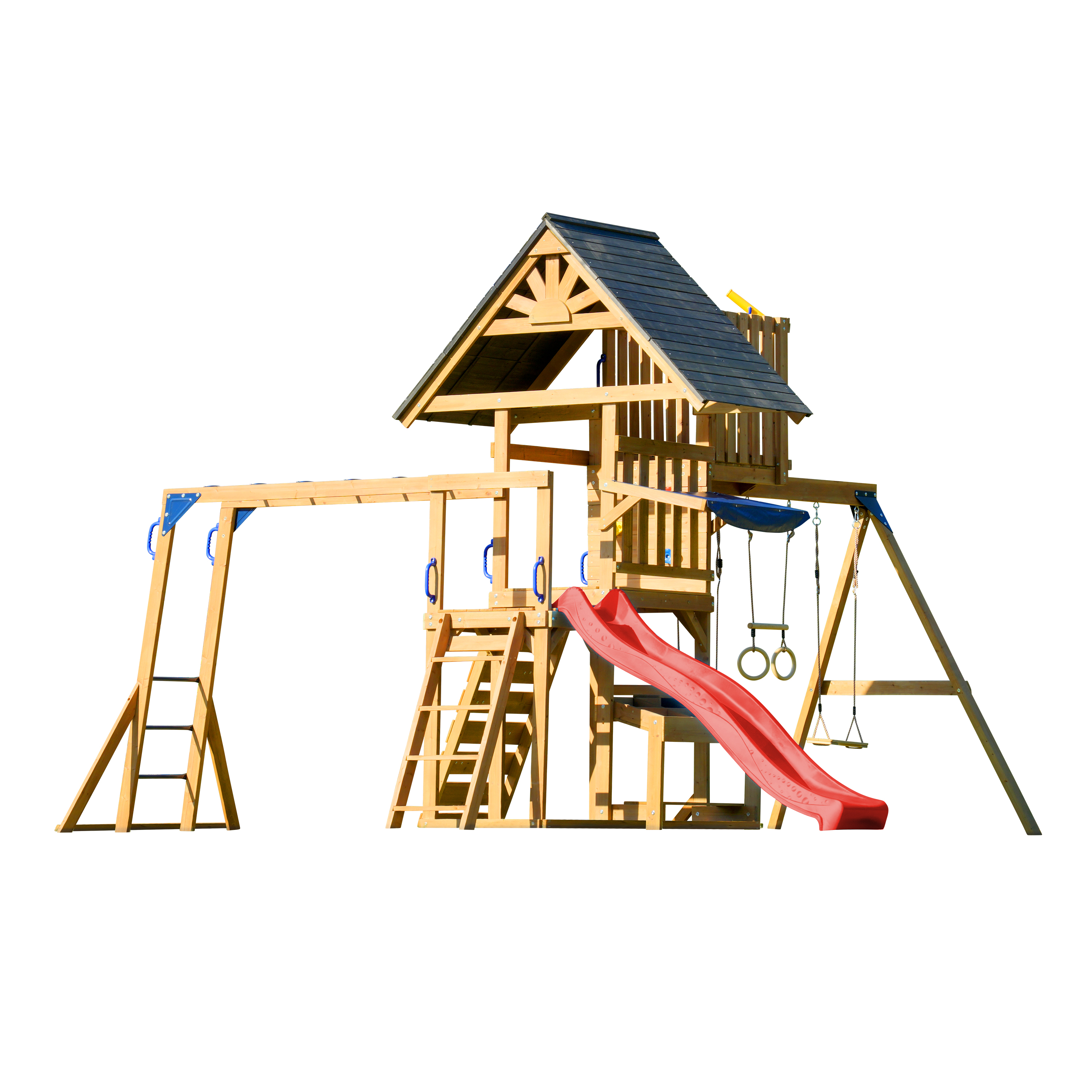 AXI Mitch Climbing Frame with Double Swing, Trapeze and Lookout Tower – Red Slide