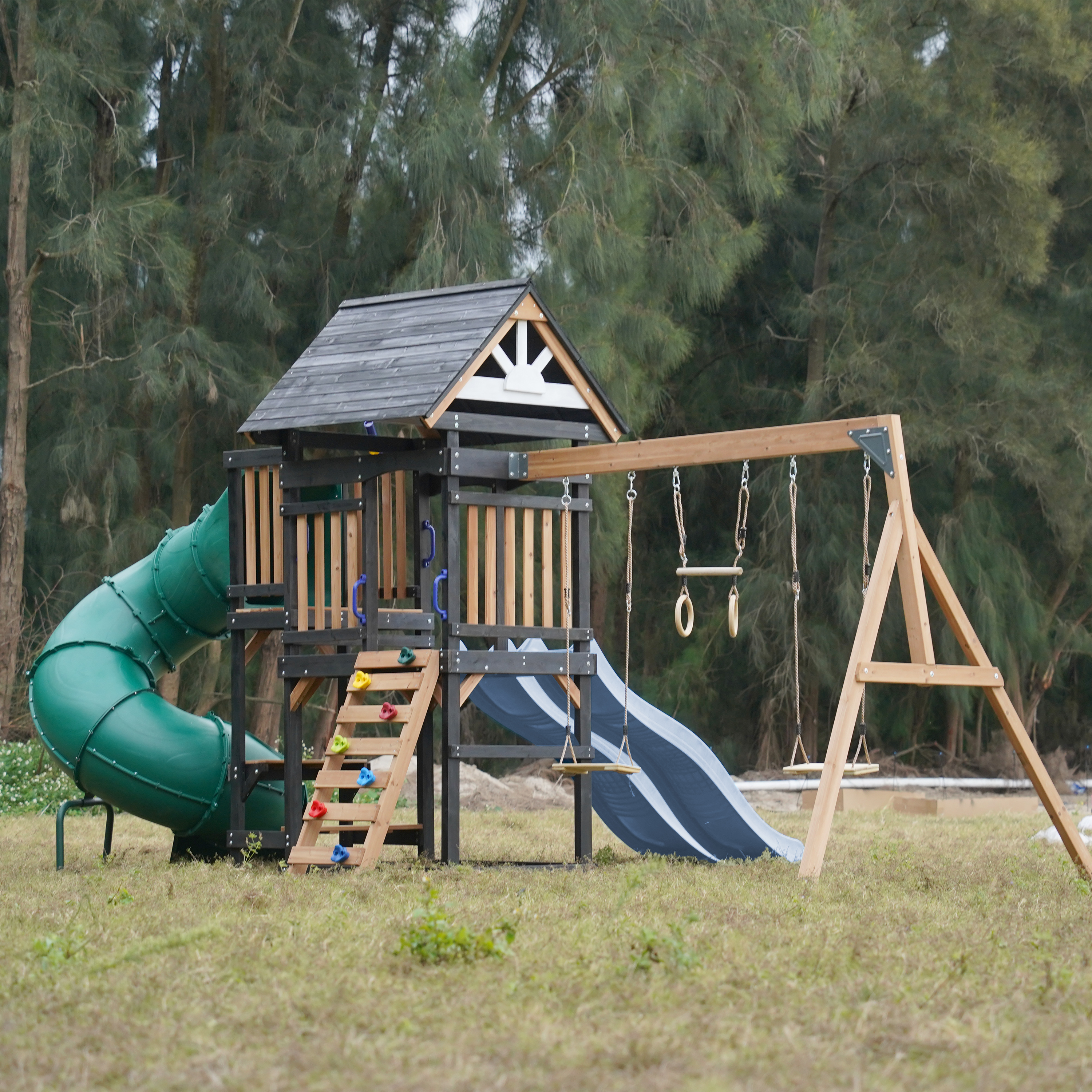 AXI Cody Climbing Frame with Swings. Trapeze and Climbing Wall – Pastel Blue Double Slide and Tube Slide