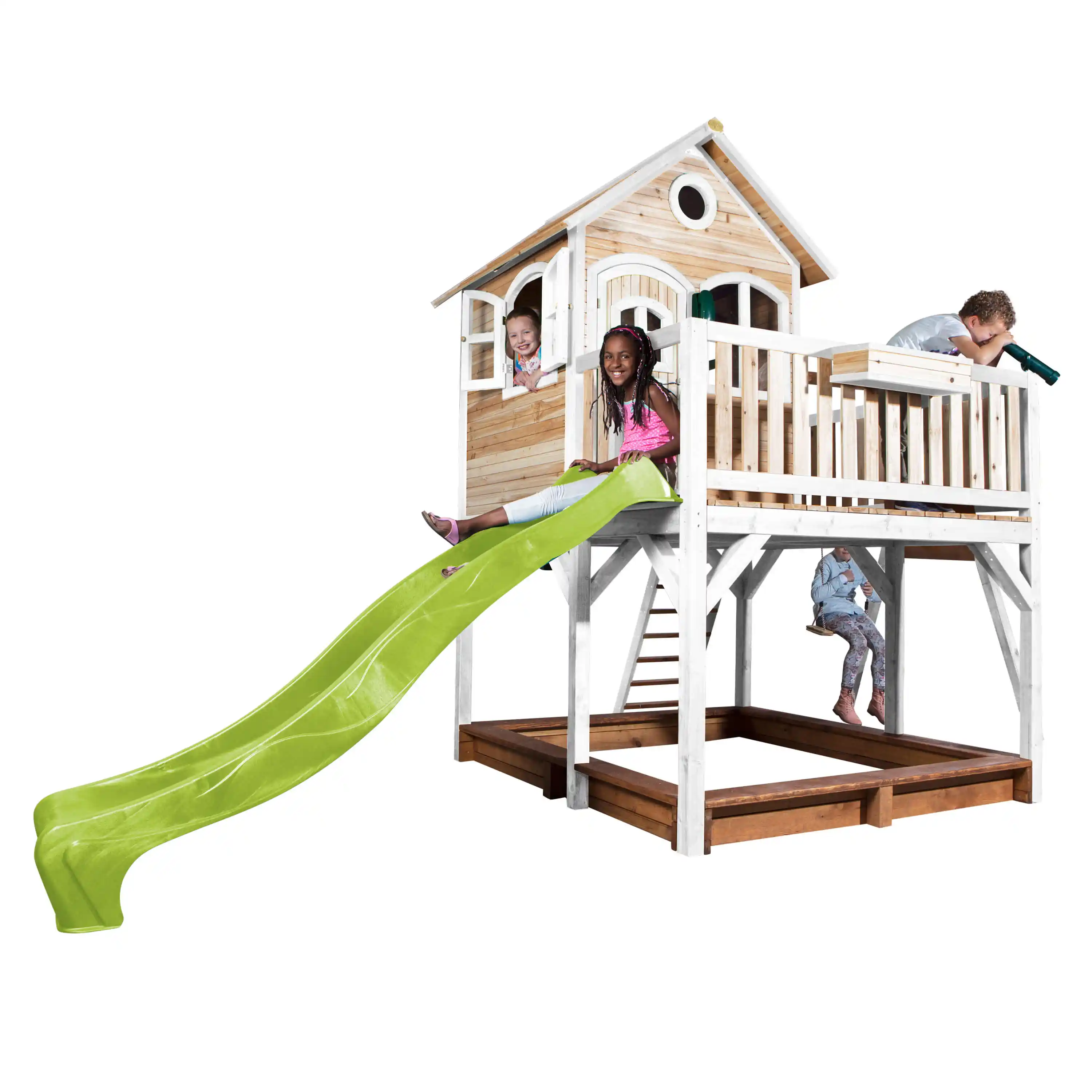 AXI Liam Playhouse with Double Swing Set Brown/White - Lime Green Slide