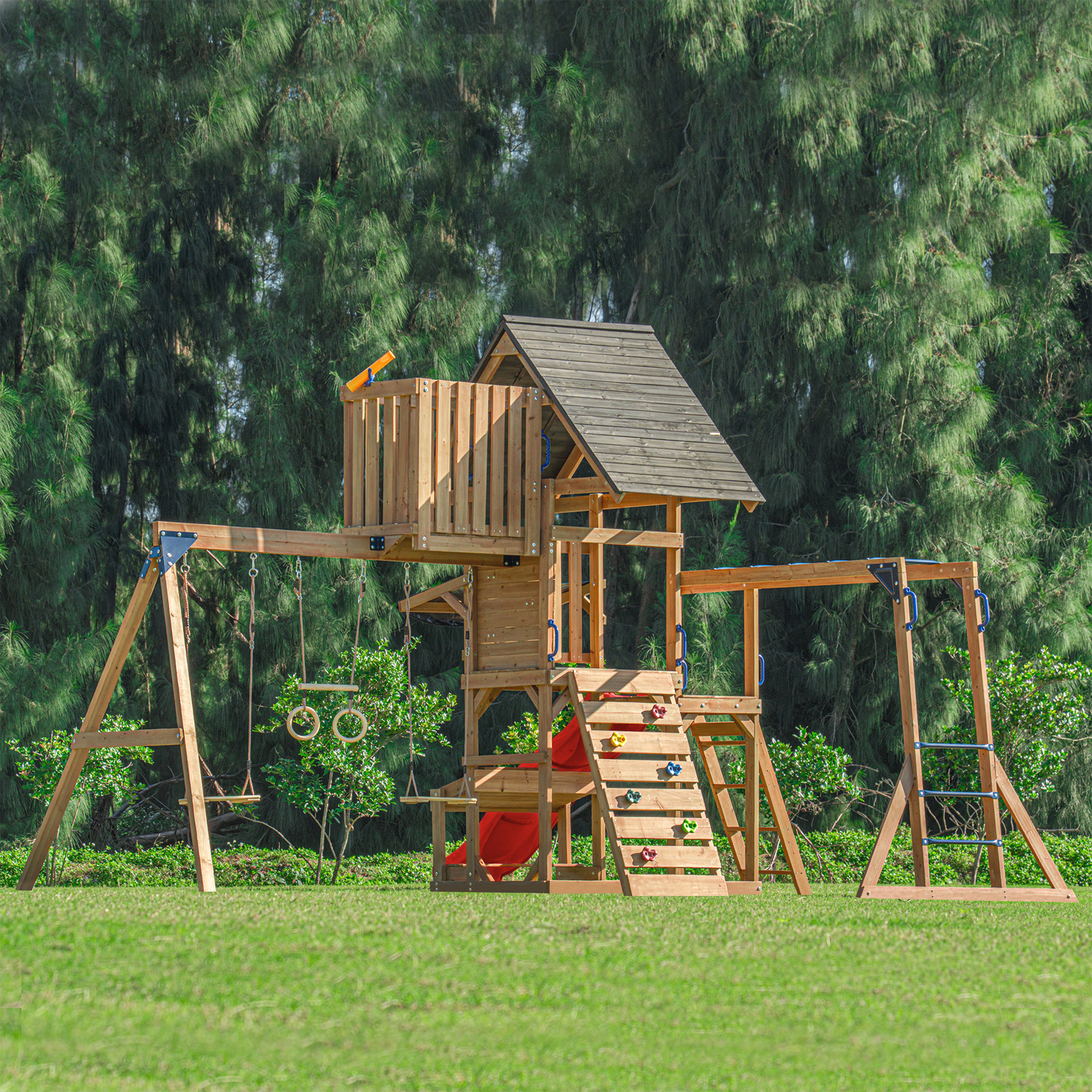 AXI Mitch Climbing Frame with Double Swing, Trapeze and Lookout Tower – Red Slide