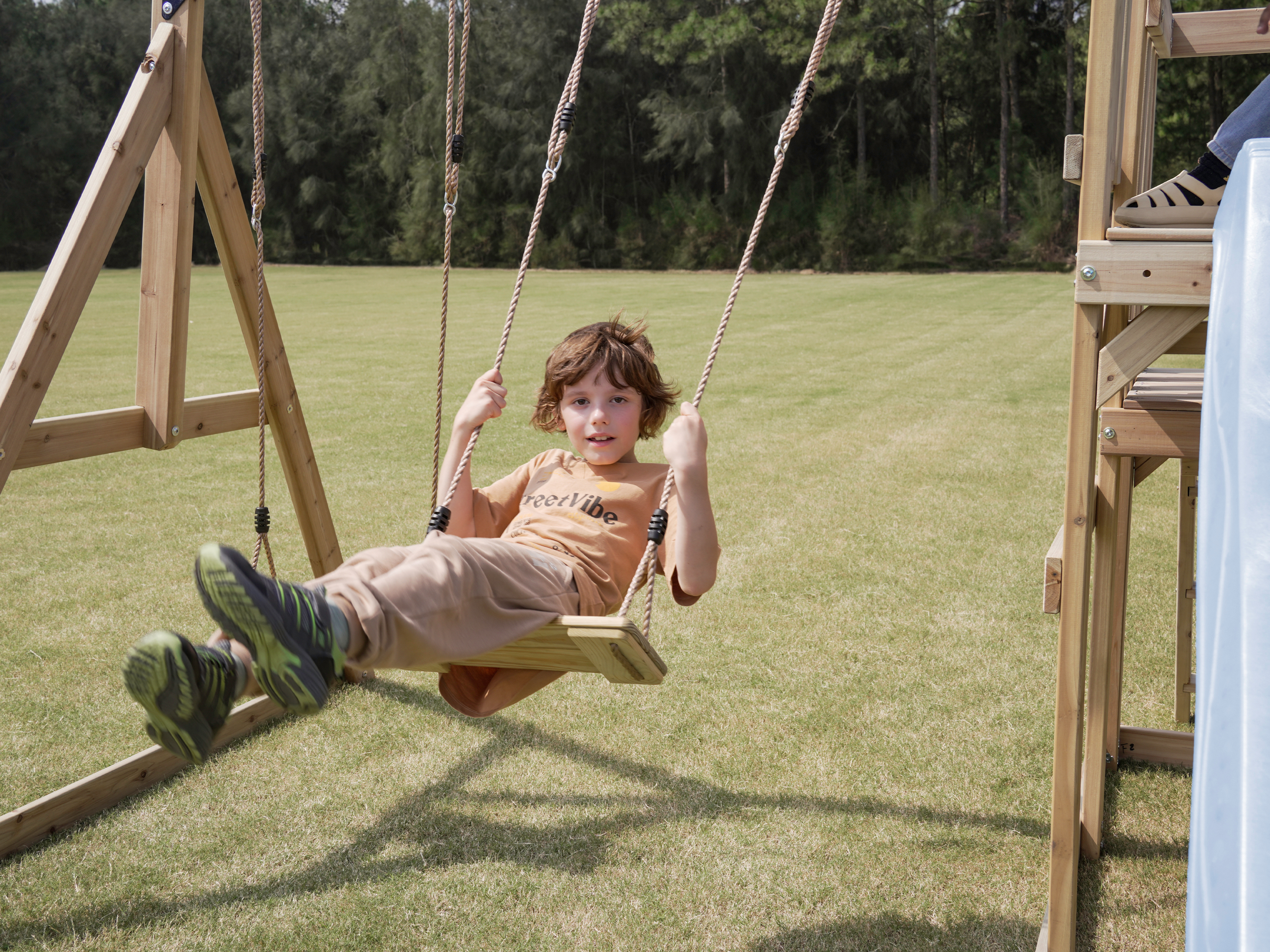 AXI Mette Climbing Frame with Double Swing Set and Picnic Table - Pastel Blue Slide
