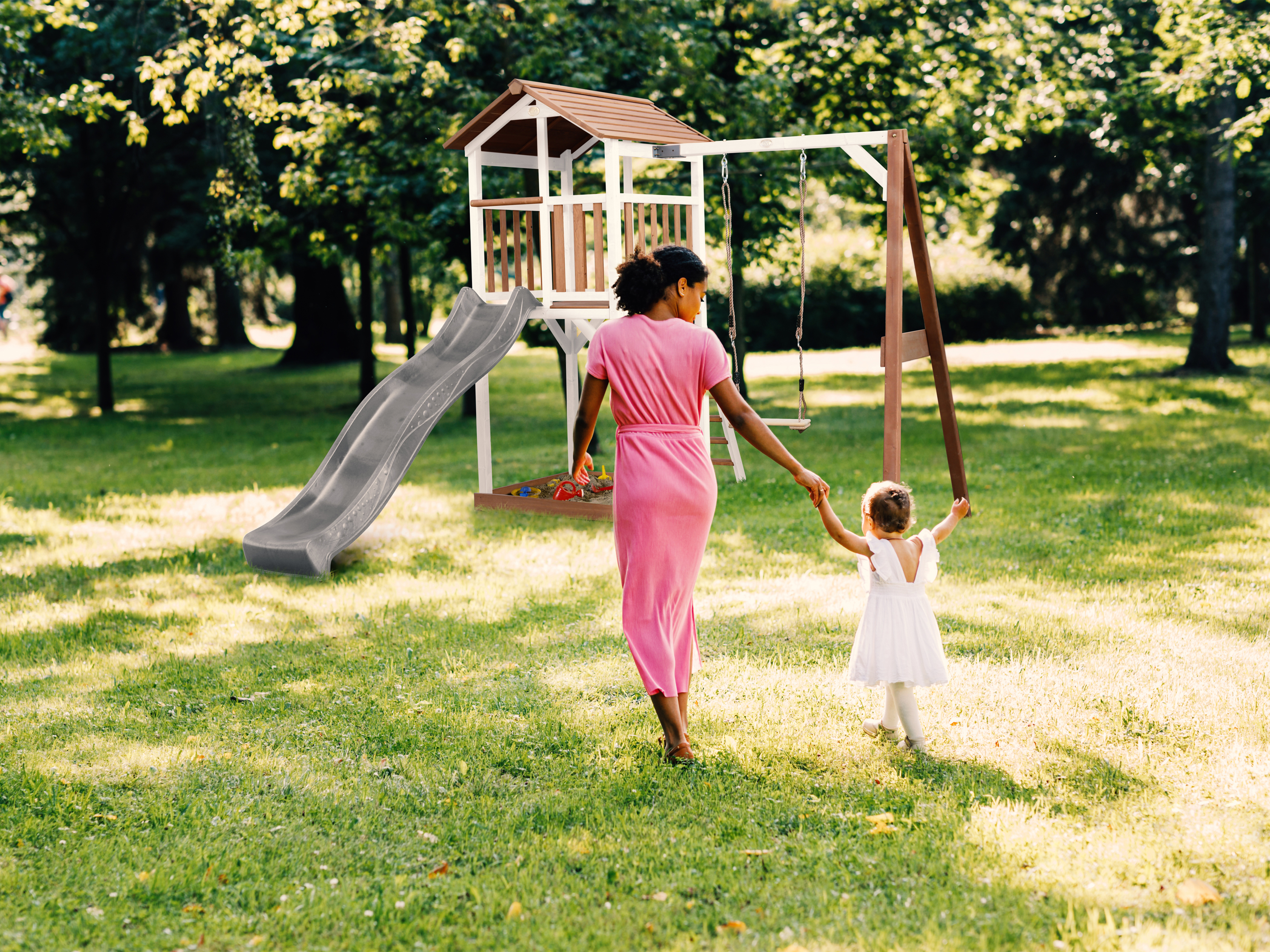 AXI Beach Tower with Single Swing Set Brown/White - Grey Slide