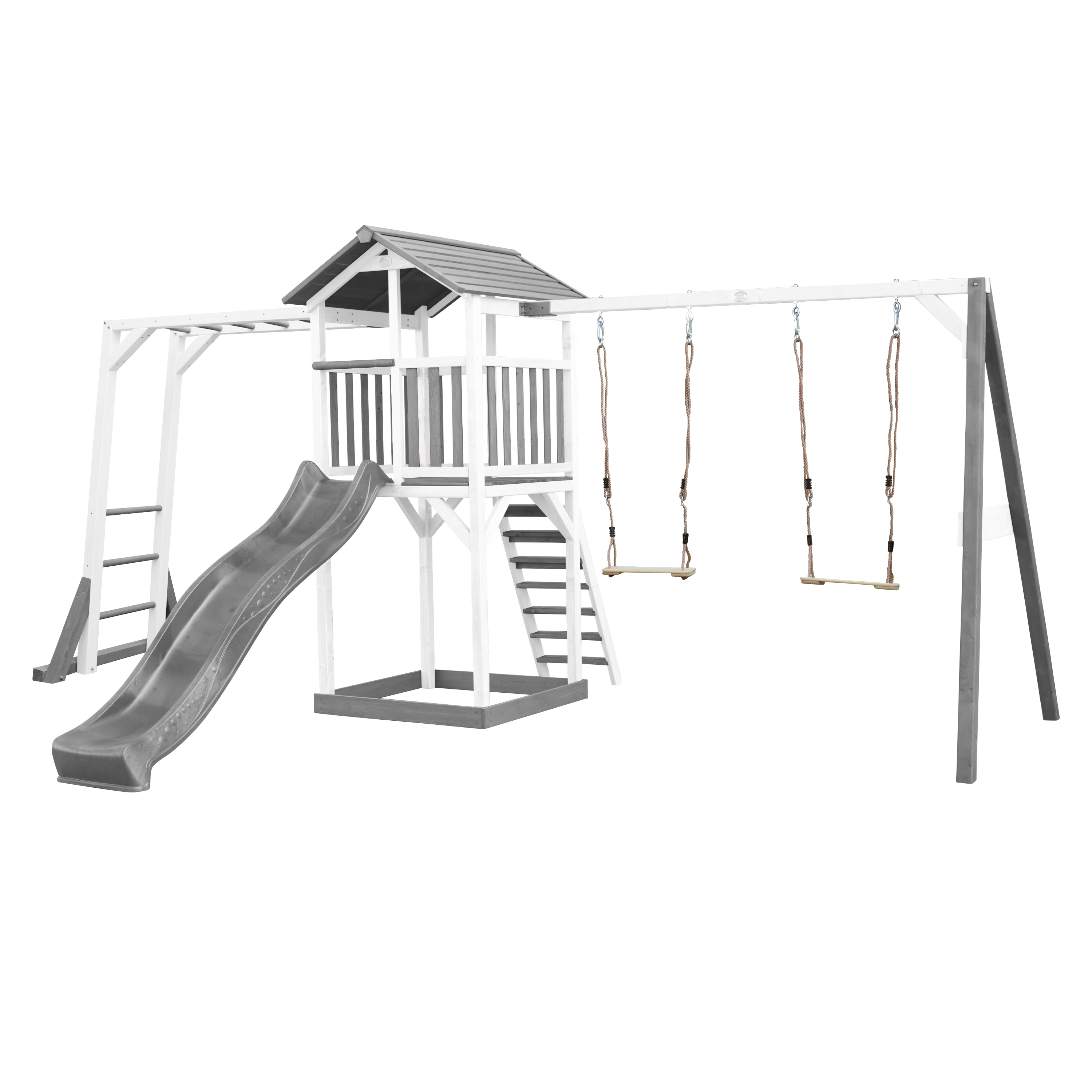 AXI Beach Tower with Climbing Frame and Double Swing Set Grey/White - Grey Slide