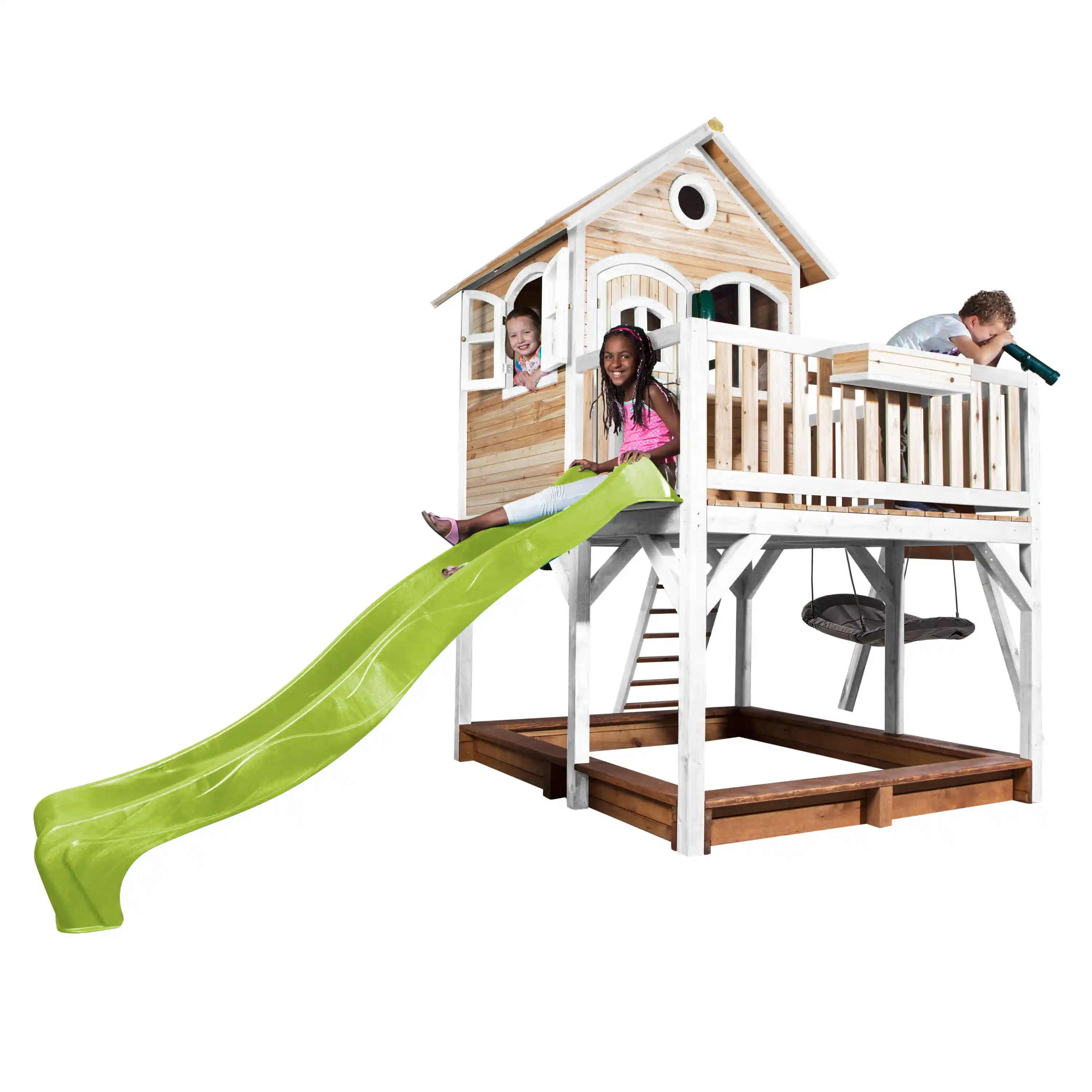 AXI Liam Playhouse with Roxy Nest Swing Set Brown/White - Lime Green Slide