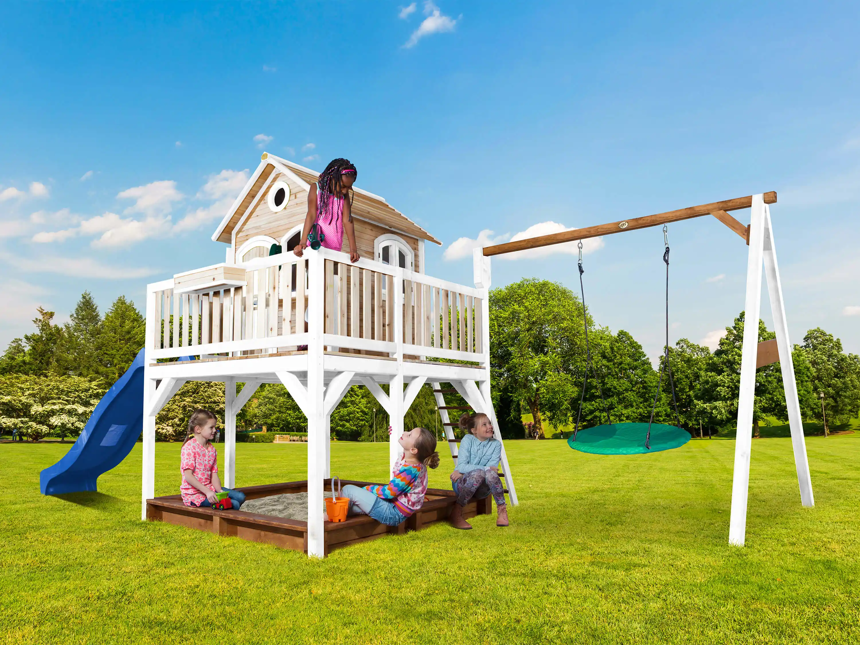 AXI Liam Playhouse with Summer Nest Swing Set Brown/White - Blue Slide