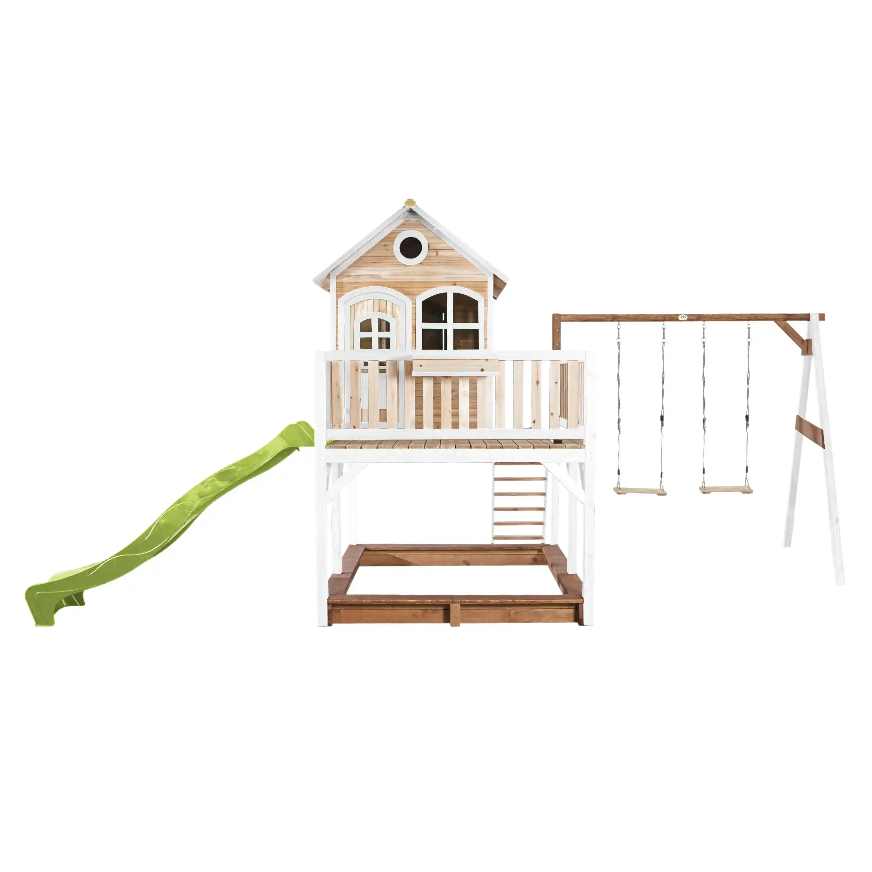 AXI Liam Playhouse with Double Swing Set Brown/White - Lime Green Slide