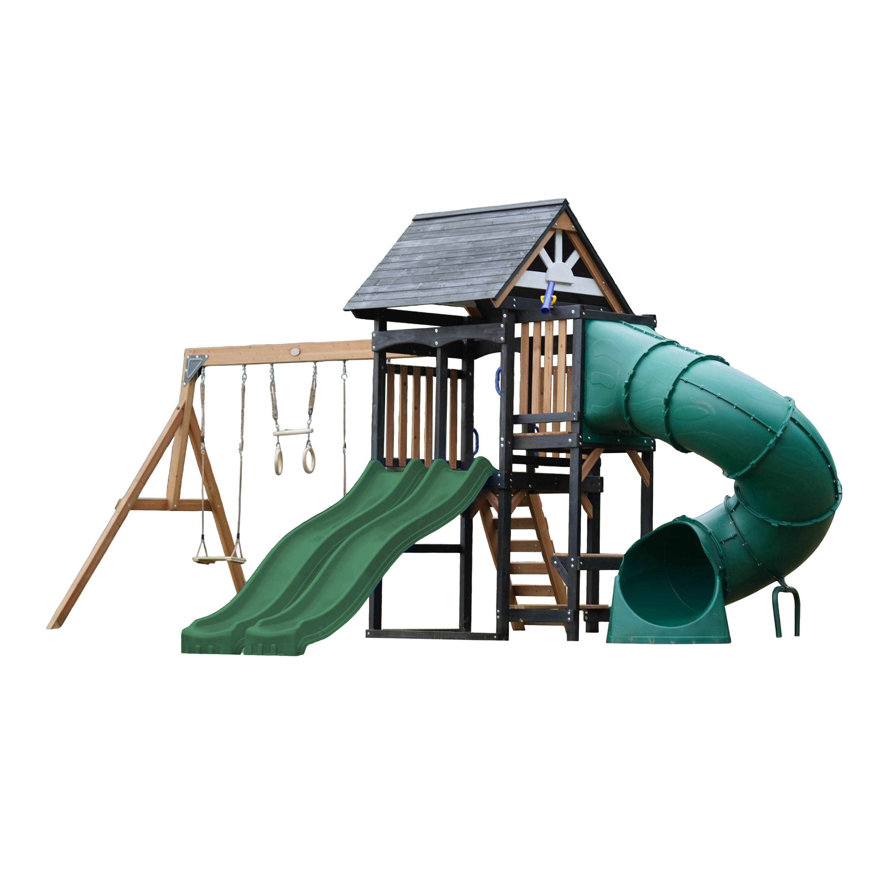AXI Cody Climbing Frame with Swings, Trapeze and Climbing Wall – Green Double Slide and Tube Slide