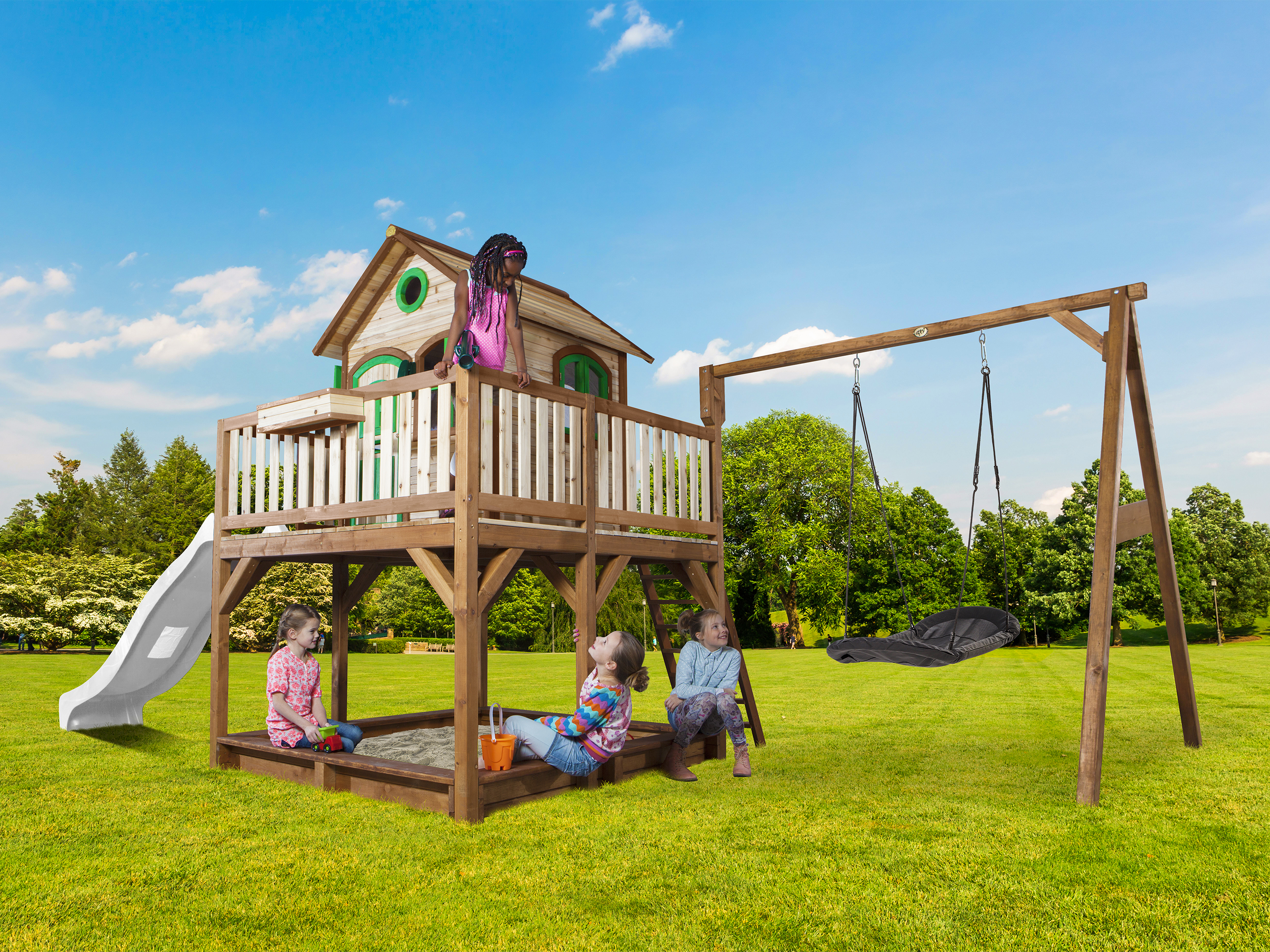 AXI Liam Playhouse with Roxy Nest Swing Set Brown/Green - White Slide