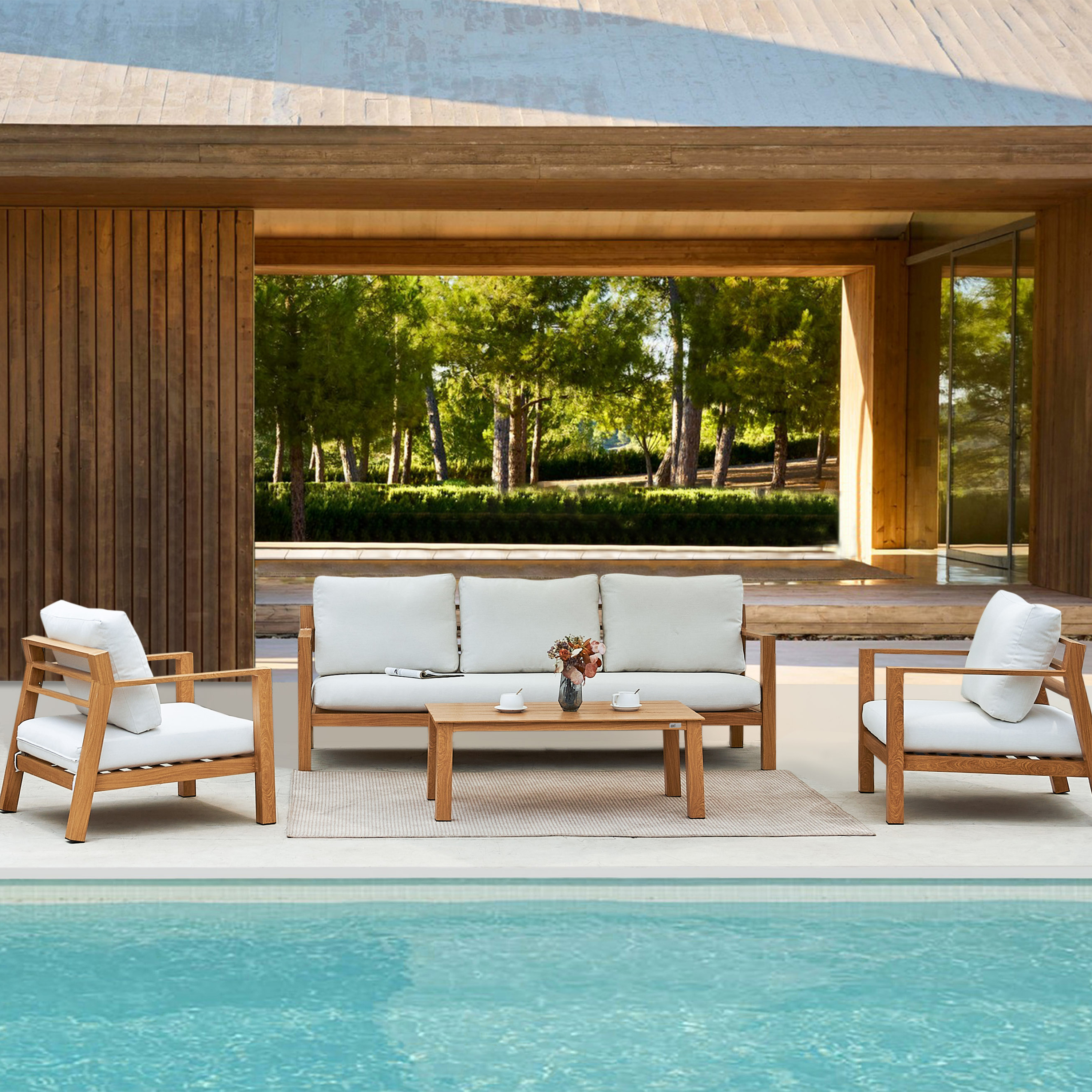 AXI Orla 4-piece Lounge Set with bench. table and 2 chairs - Wood-look/Beige