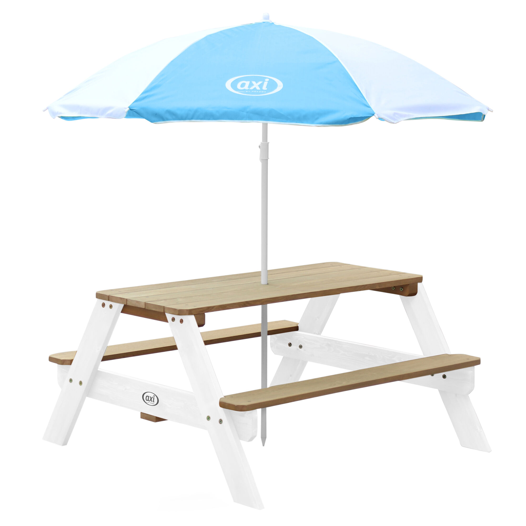 productfoto AXI Nick Picknicktafel Bruin/wit Parasol Blauw/wit