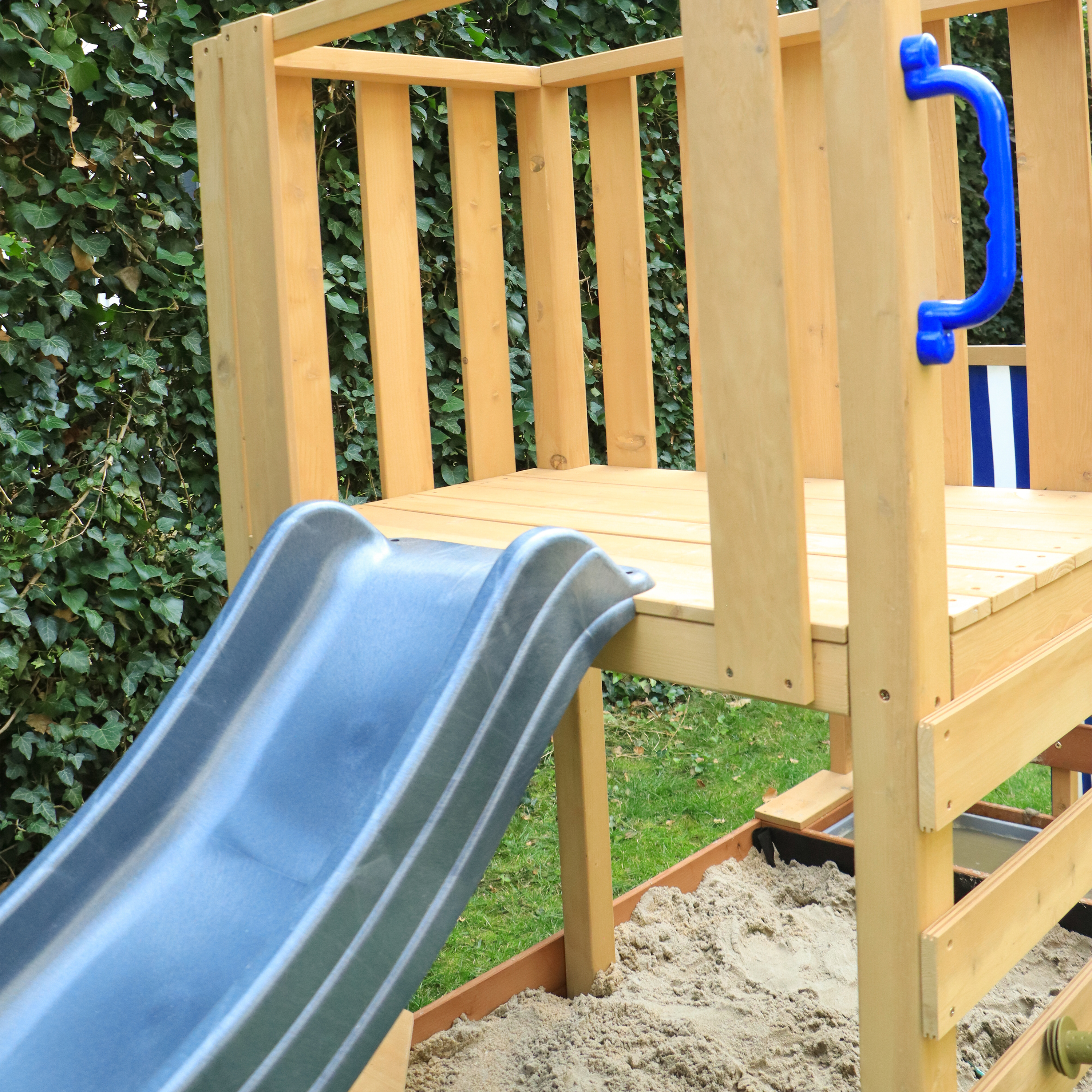 AXI Vicky Climbing Frame with Sandbox, Play Kitchen & Chalkboard – Grey Slide