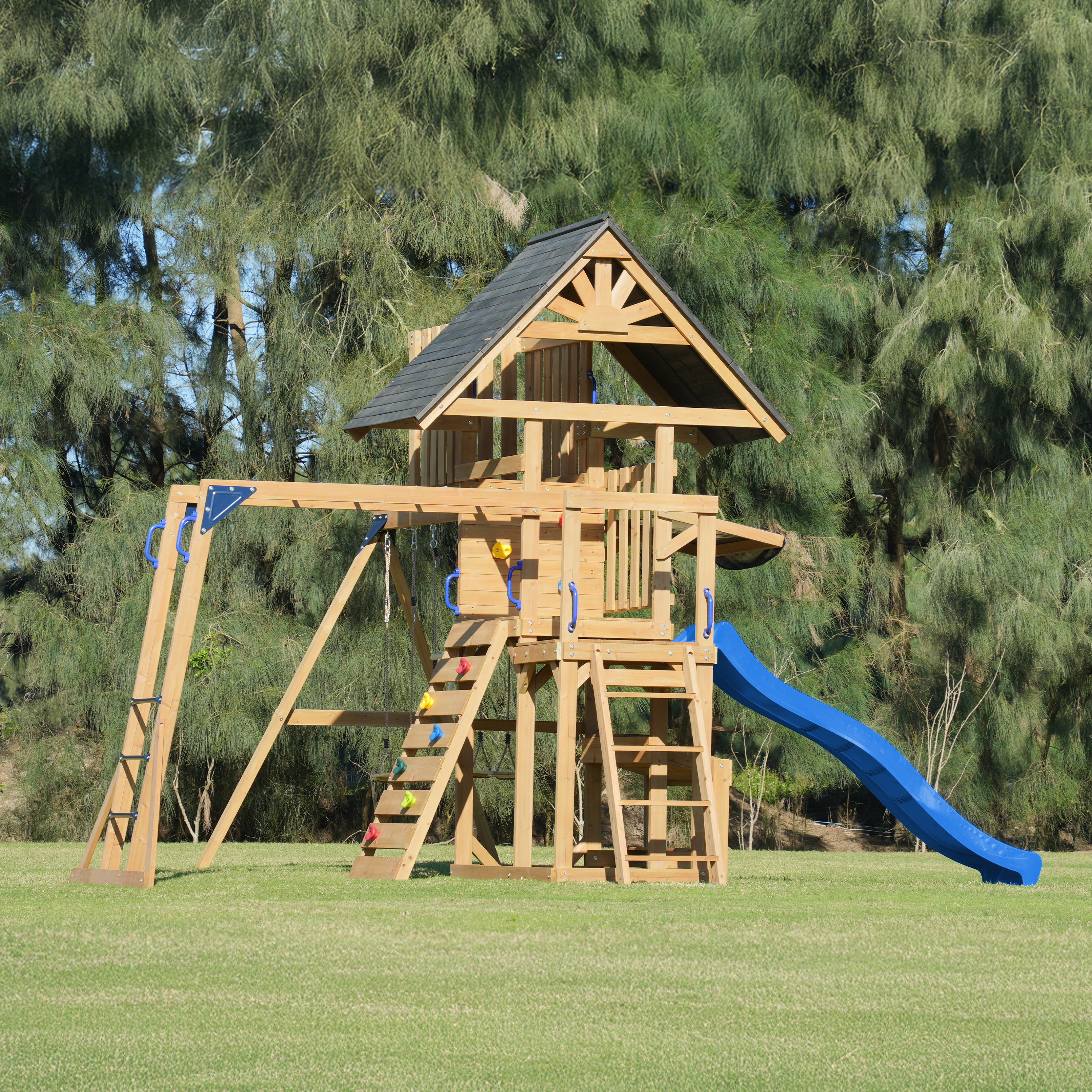 AXI Mitch Climbing Frame with Double Swing, Trapeze and Lookout Tower – Blue Slide