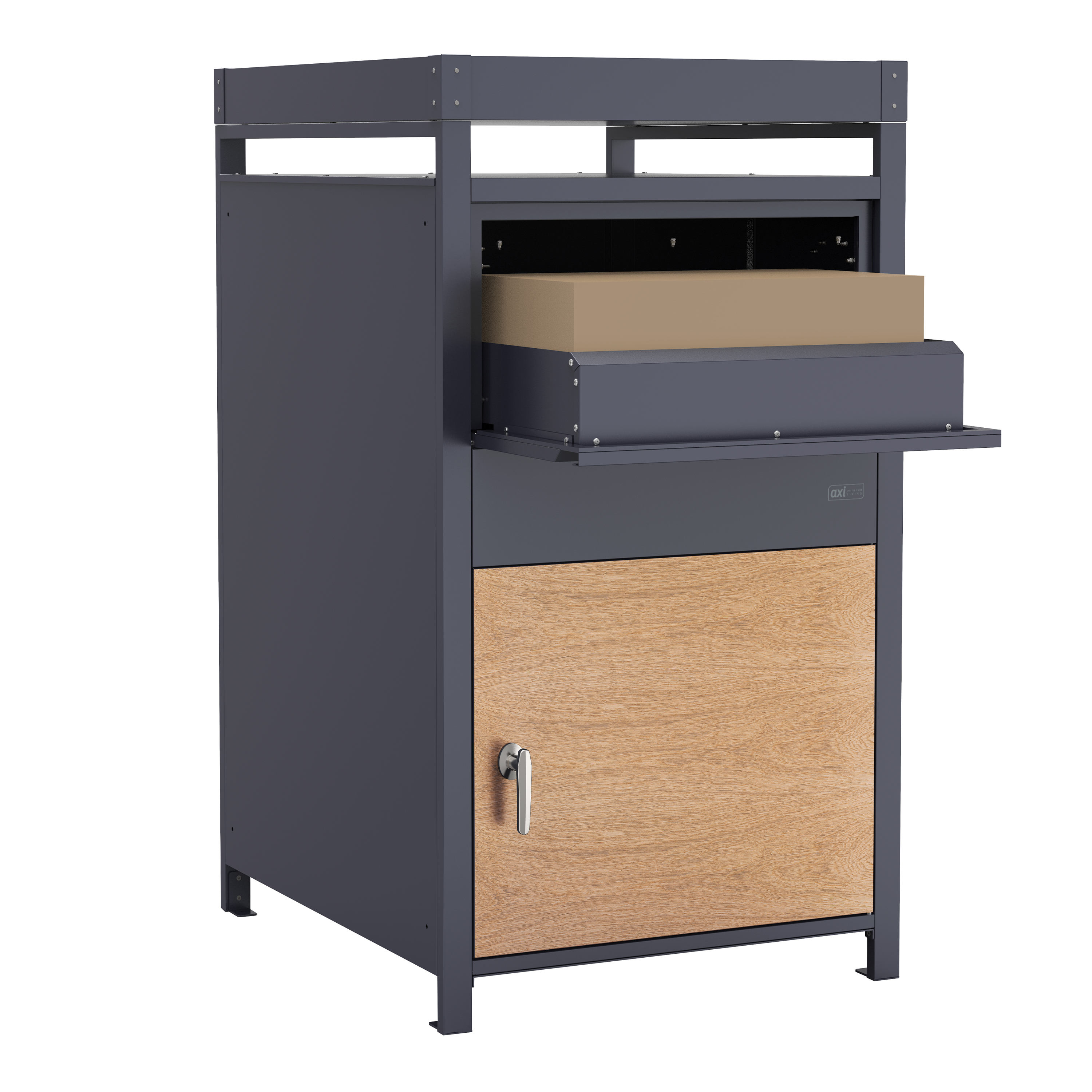 AXI Leon Bin Storage with Louis Parcel Postbox Anthracite/Wood Look – 2 Garbage Bins