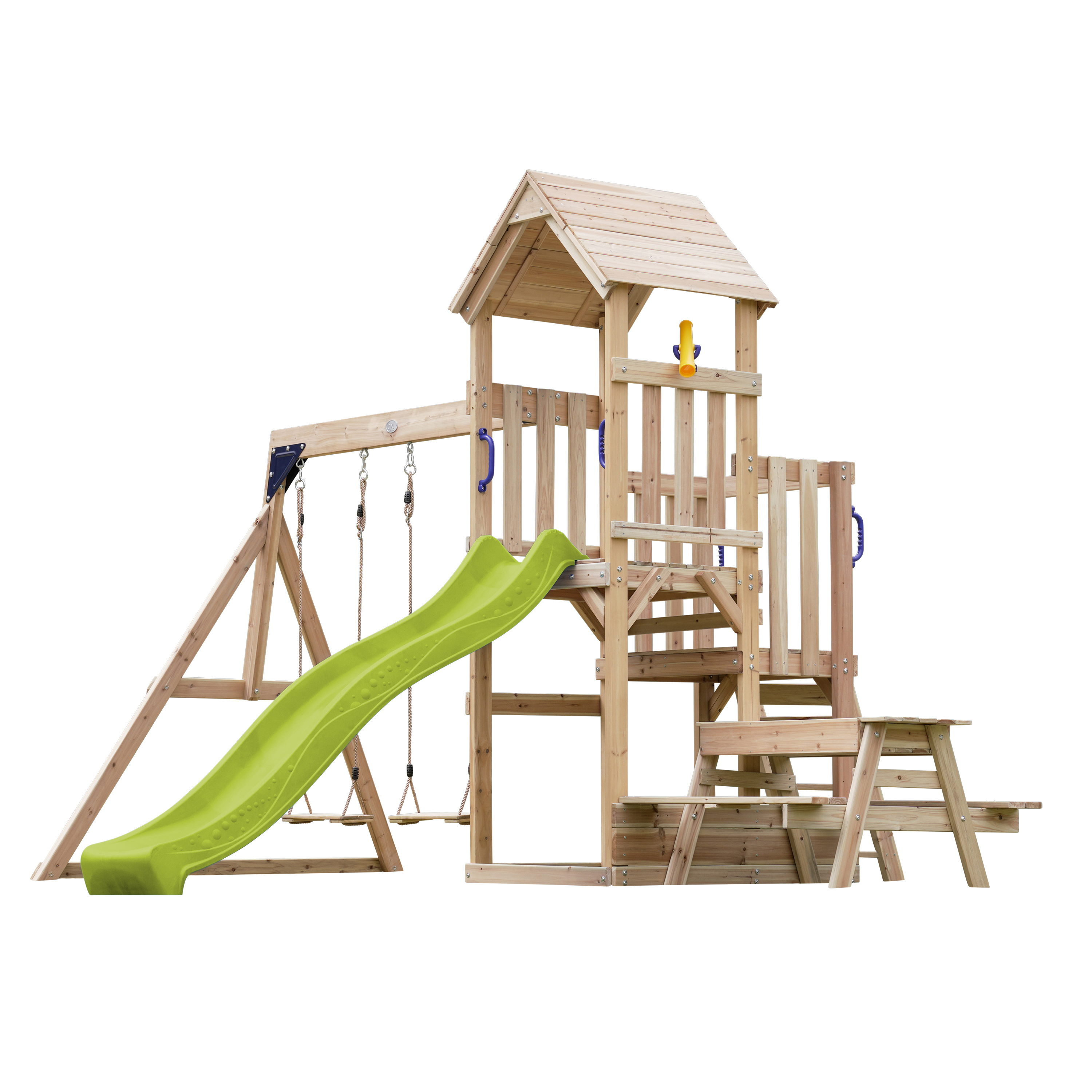 AXI Mette Climbing Frame with Double Swing Set and Picnic Table - Lime Green Slide