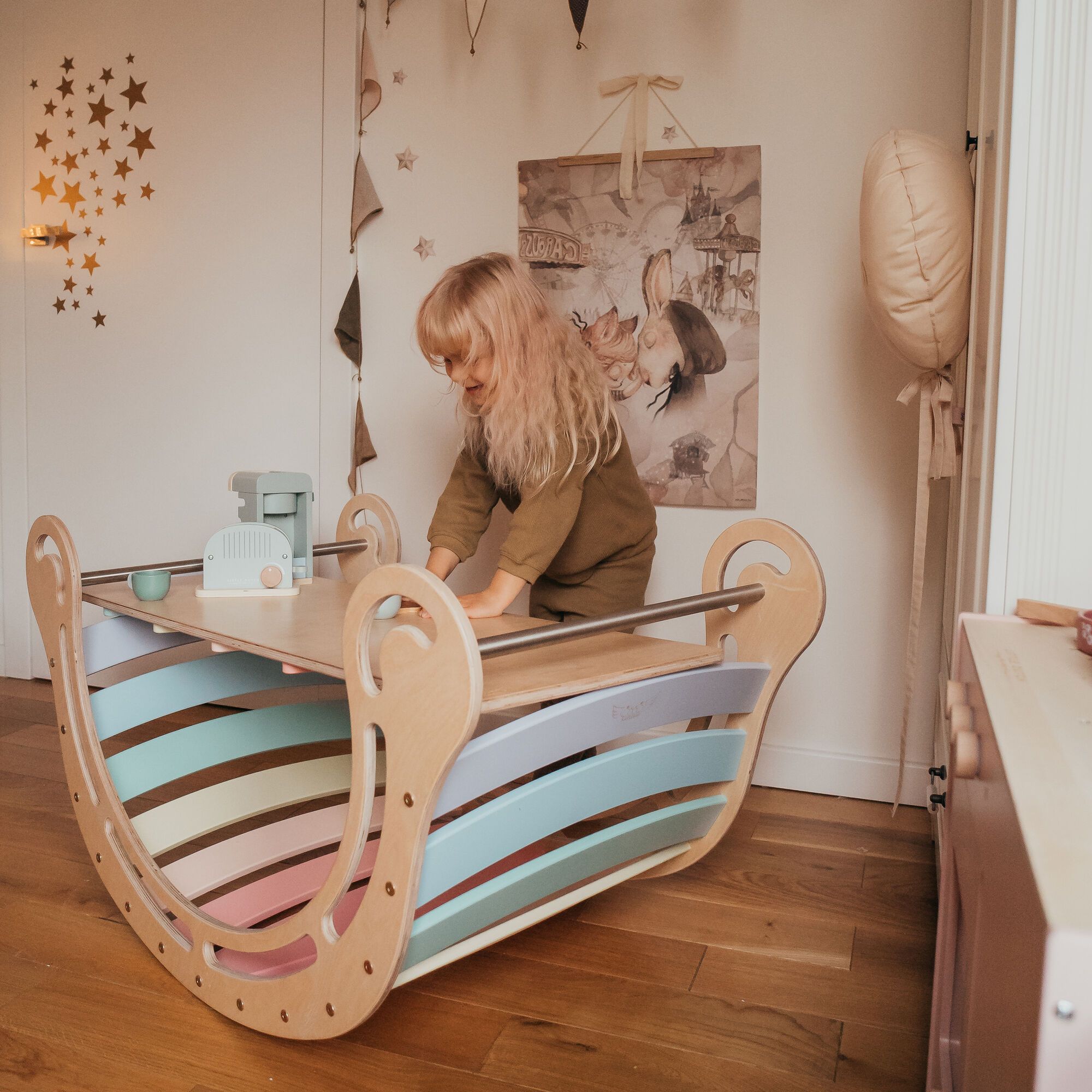 Wooden XXL Climbing Wall with Slide Pastel