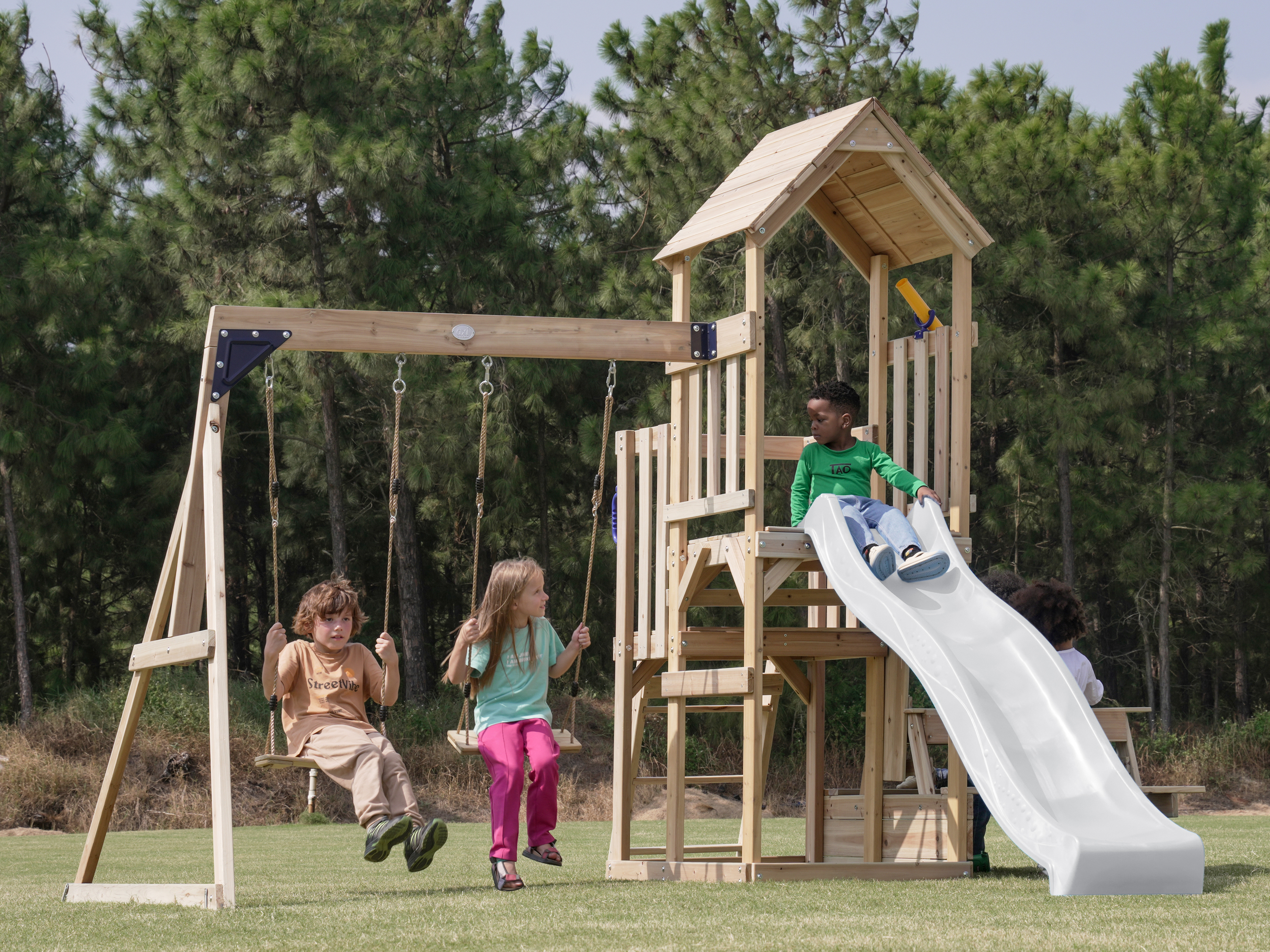 AXI Mette Climbing Frame with Double Swing Set and Picnic Table - White Slide
