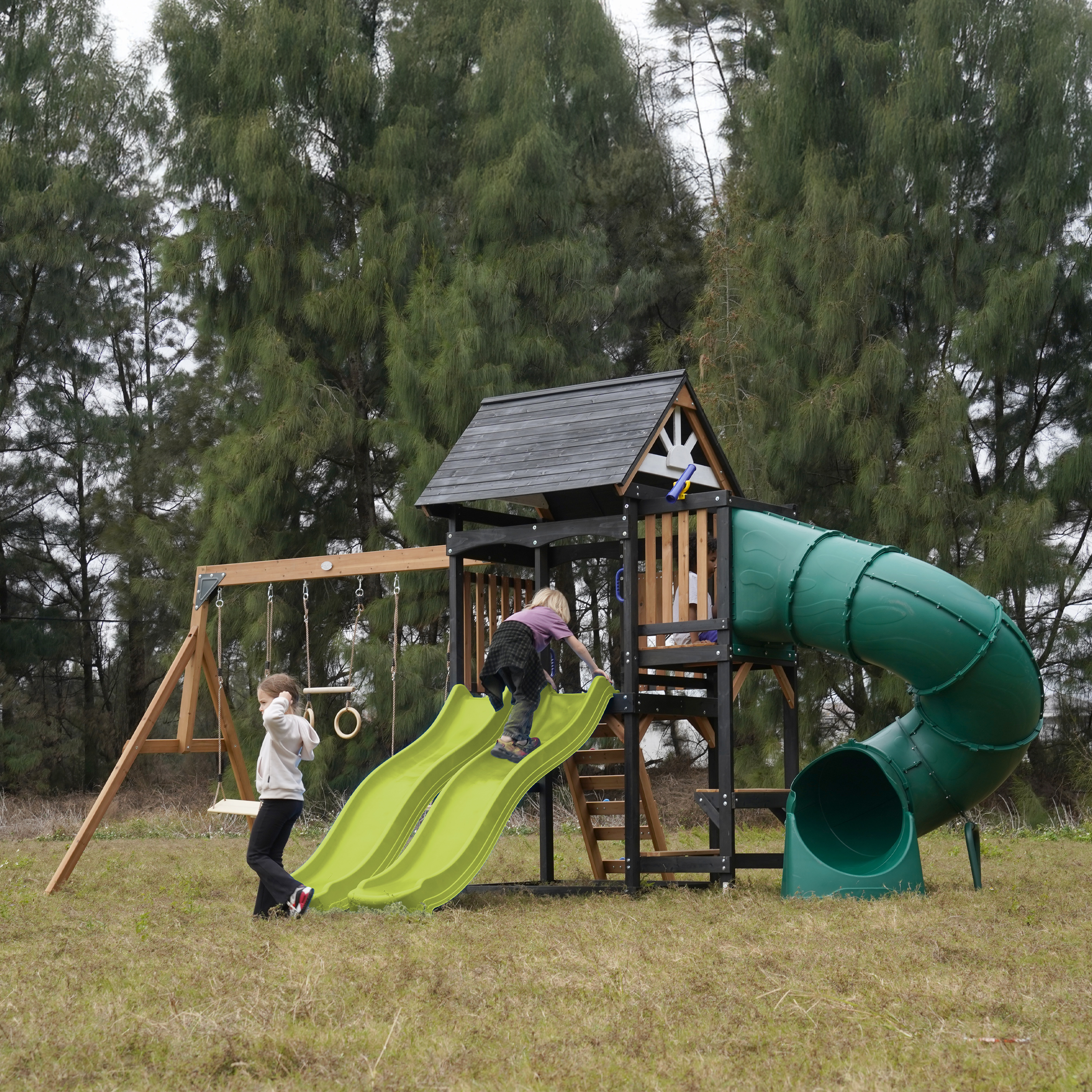 AXI Cody Climbing Frame with Swings, Trapeze and Climbing Wall – Lime Green Double Slide and Tube Slide