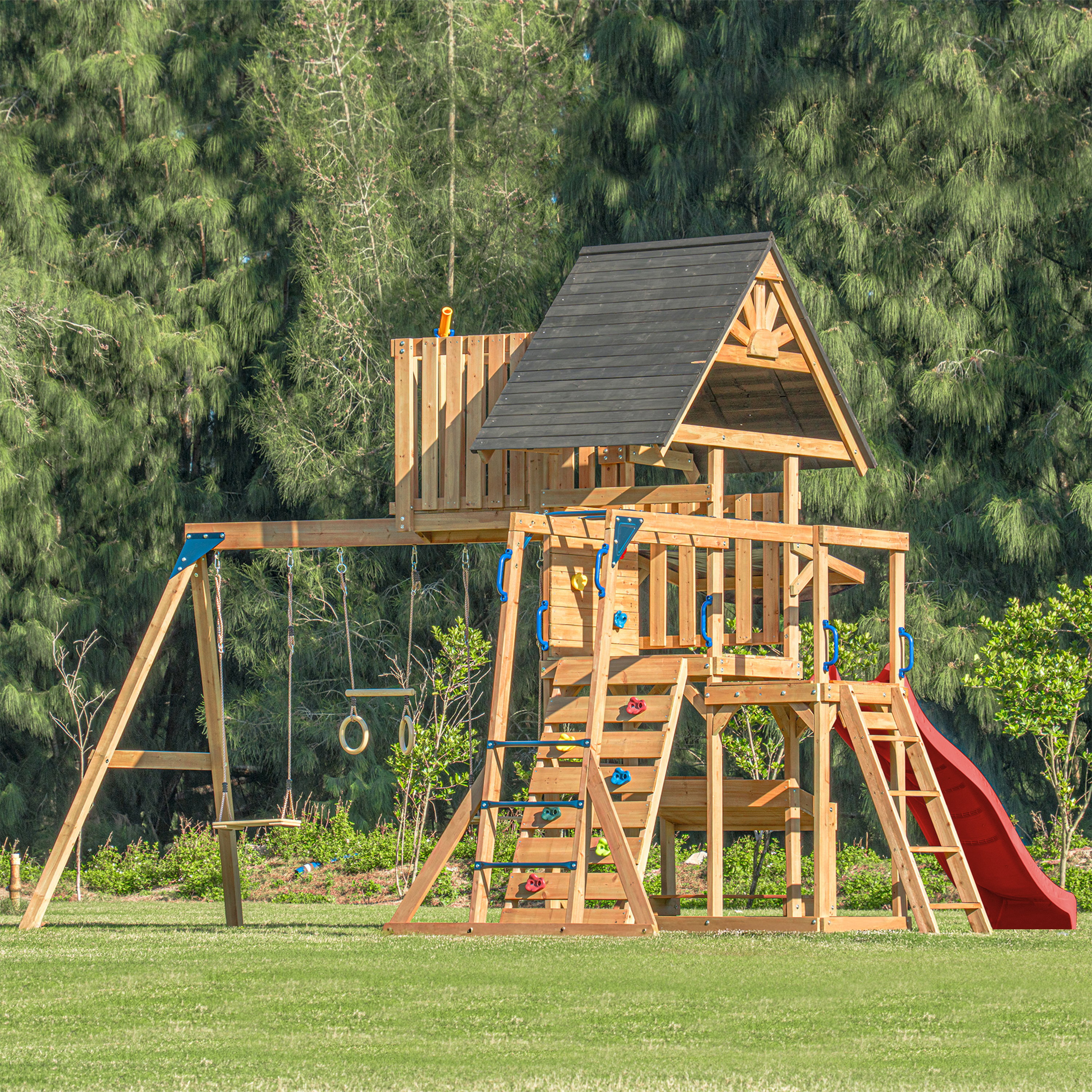 AXI Mitch Climbing Frame with Double Swing, Trapeze and Lookout Tower – Red Slide