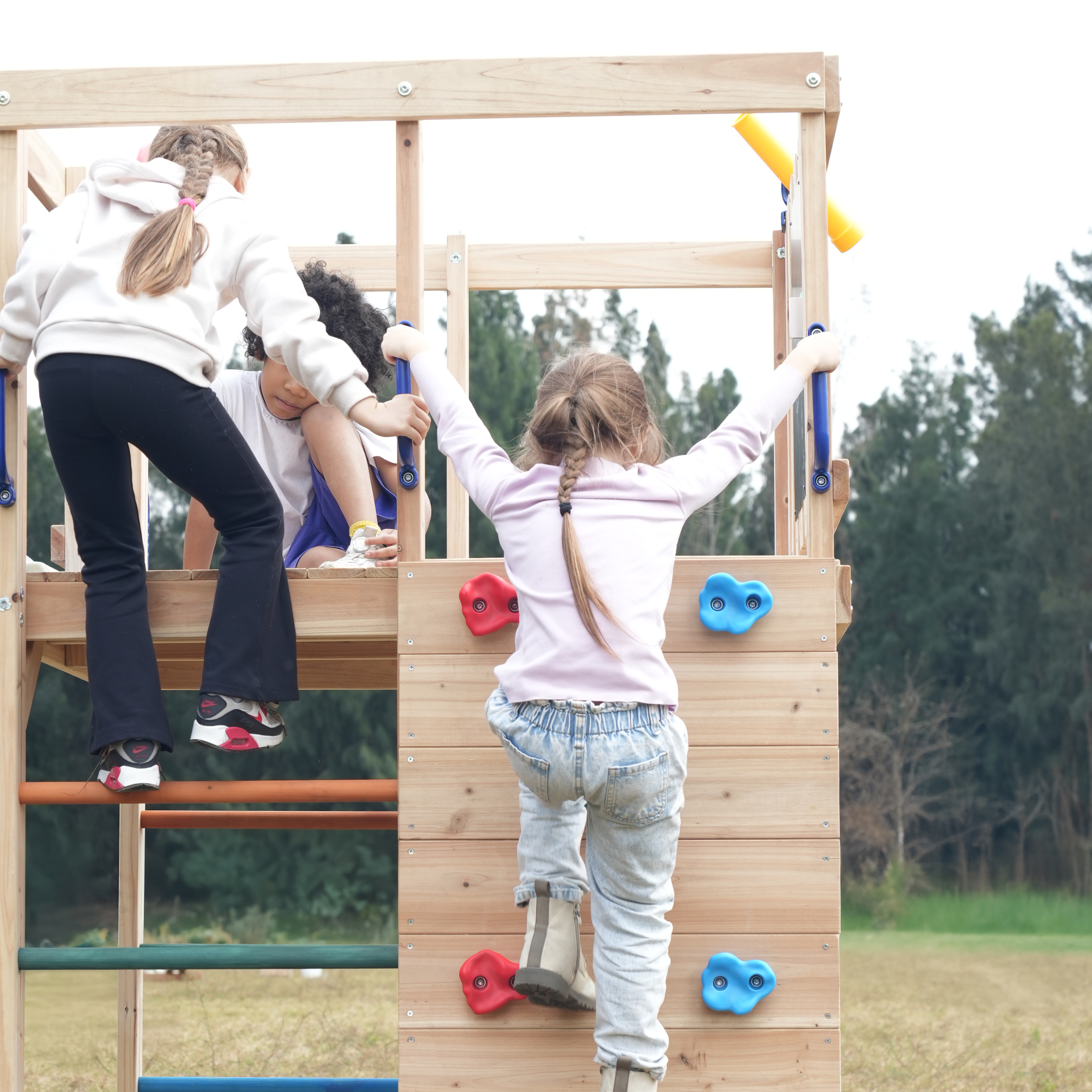 AXI Sam Climbing Frame with Climbing Wall. Climbing Net and Monkey Bars – Blue Slide