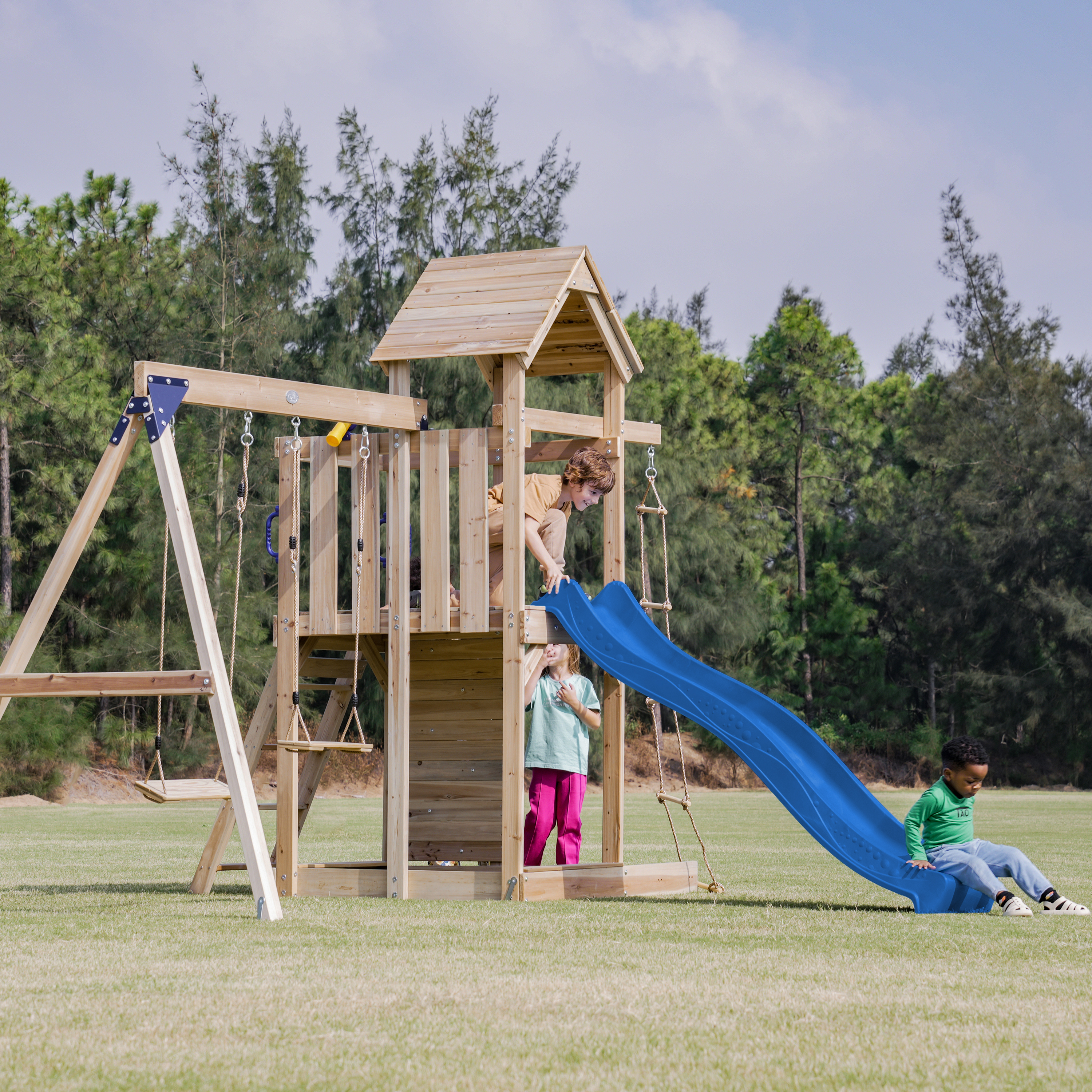 AXI Moos Climbing Frame with Double Swing Set - Blue Slide