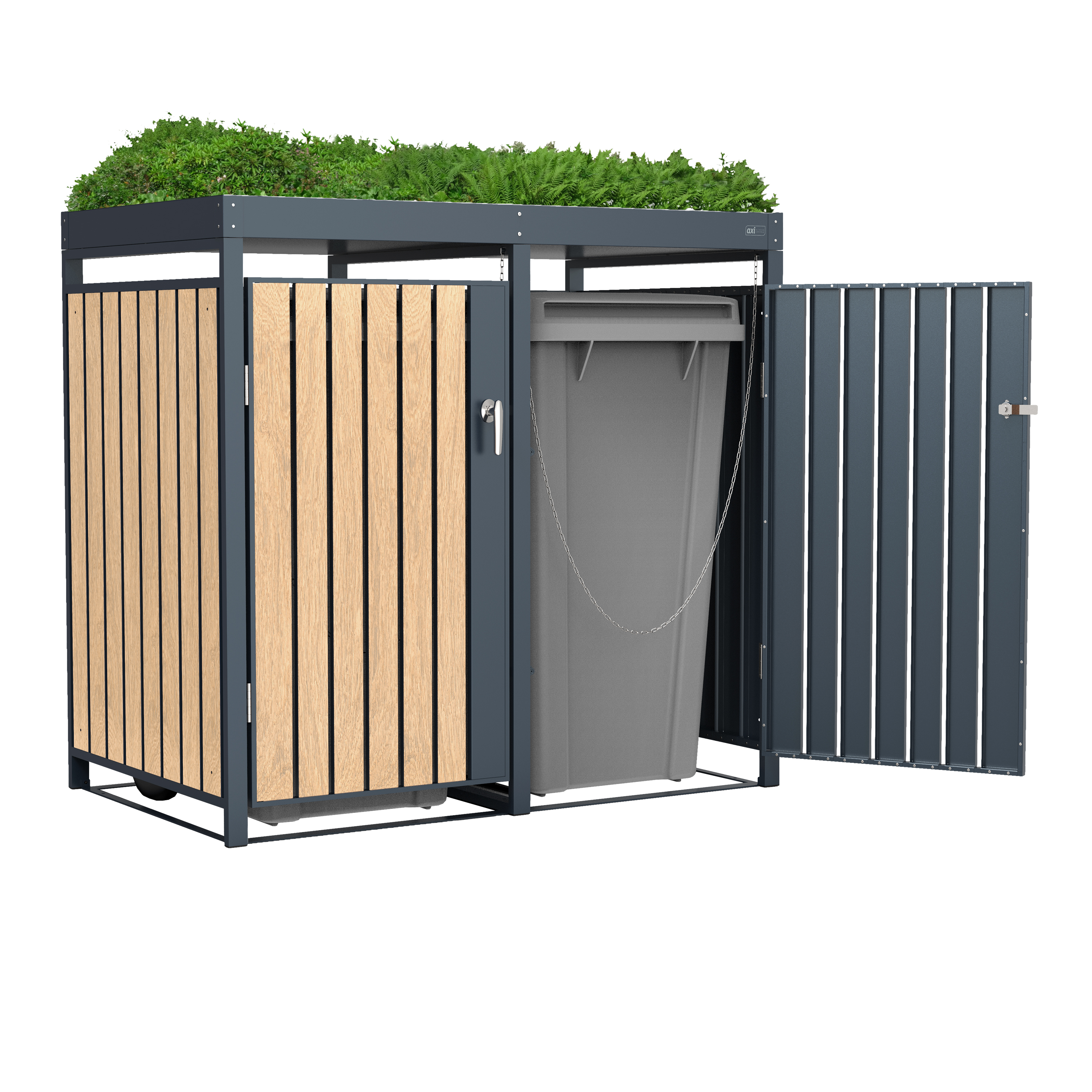AXI Leon Bin Storage with Louis Parcel Postbox Anthracite/Wood Look – 2 Garbage Bins