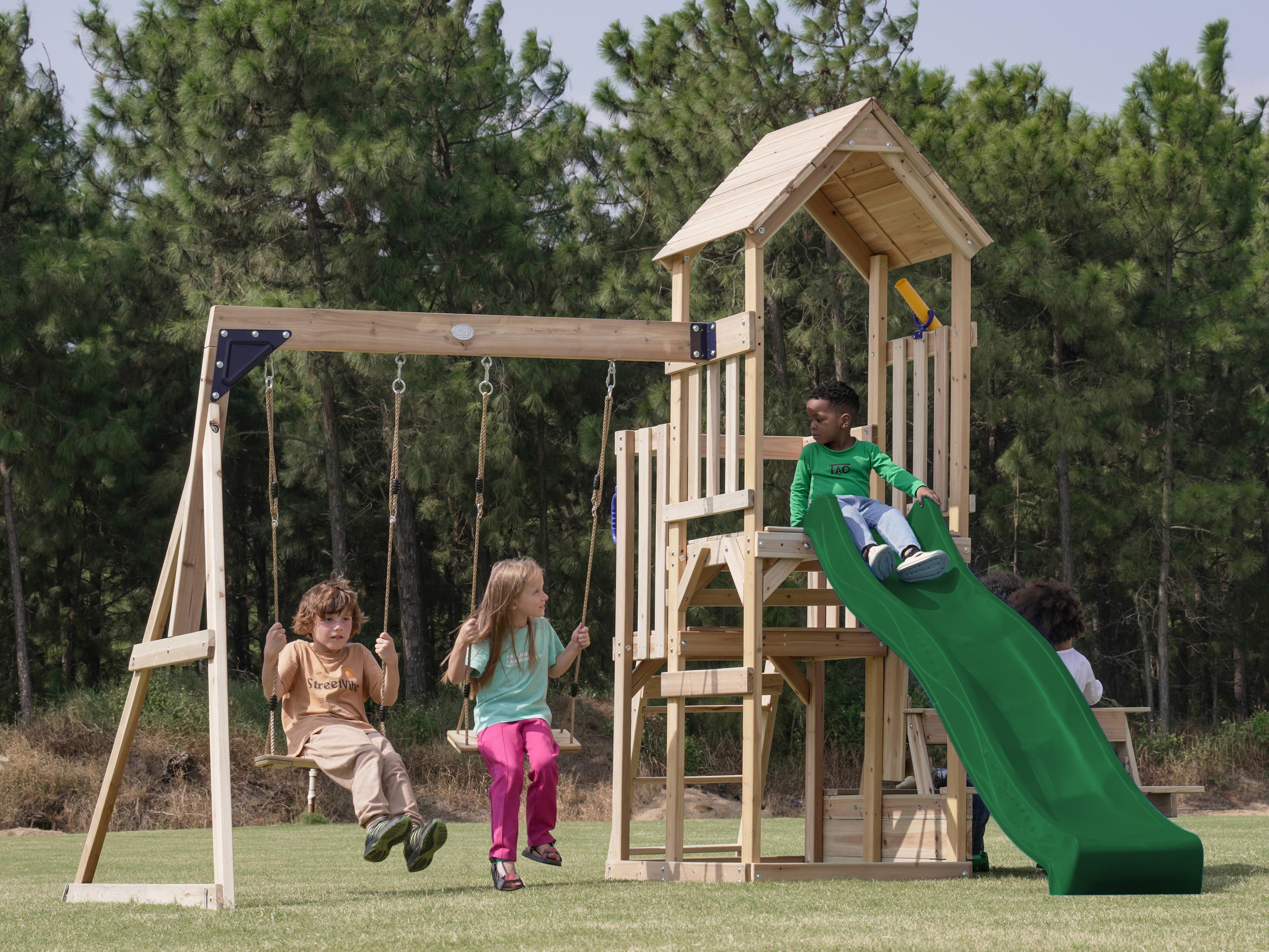 AXI Mette Climbing Frame with Double Swing Set and Picnic Table - Green Slide