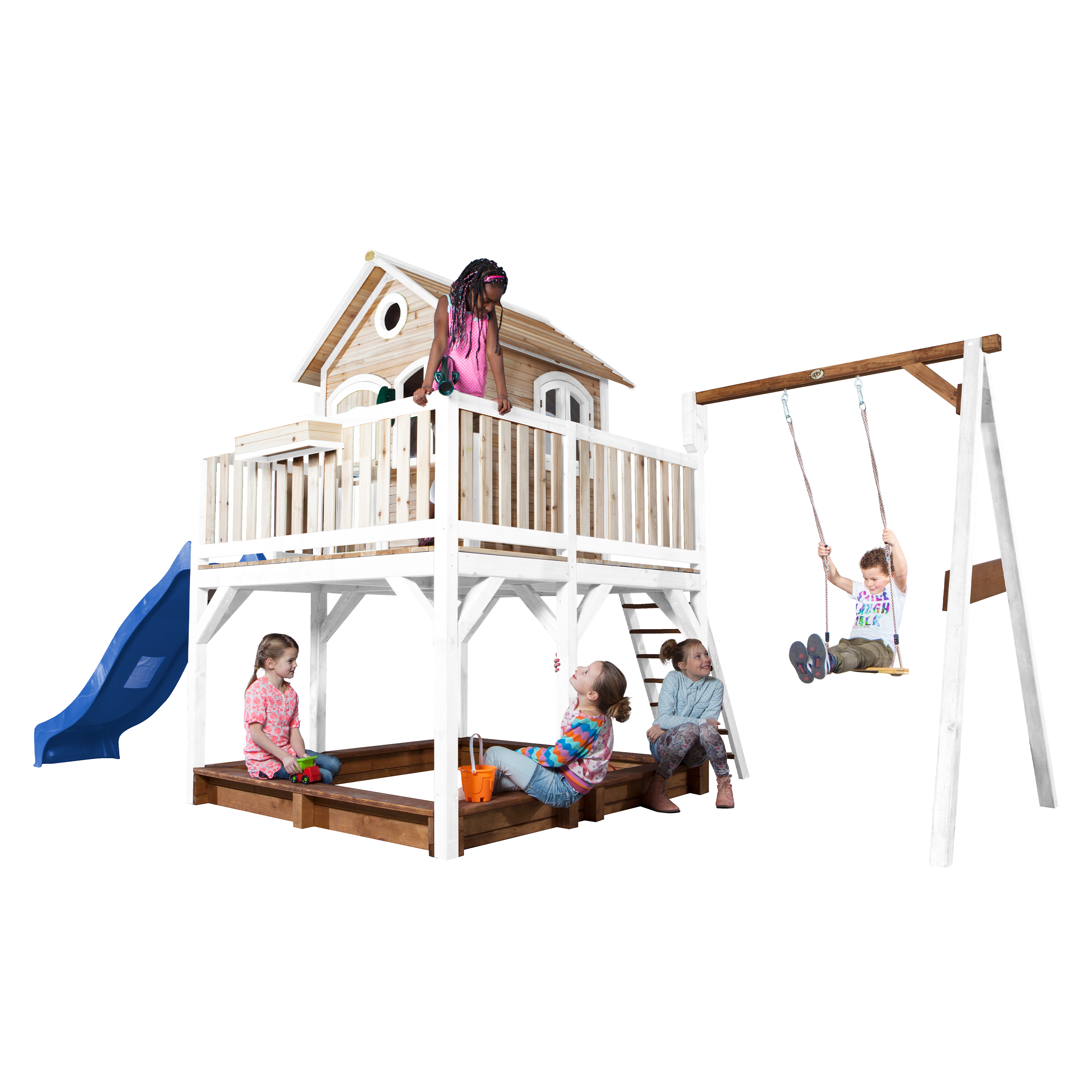 AXI Liam Playhouse with Single Swing Set Brown/White - Blue Slide