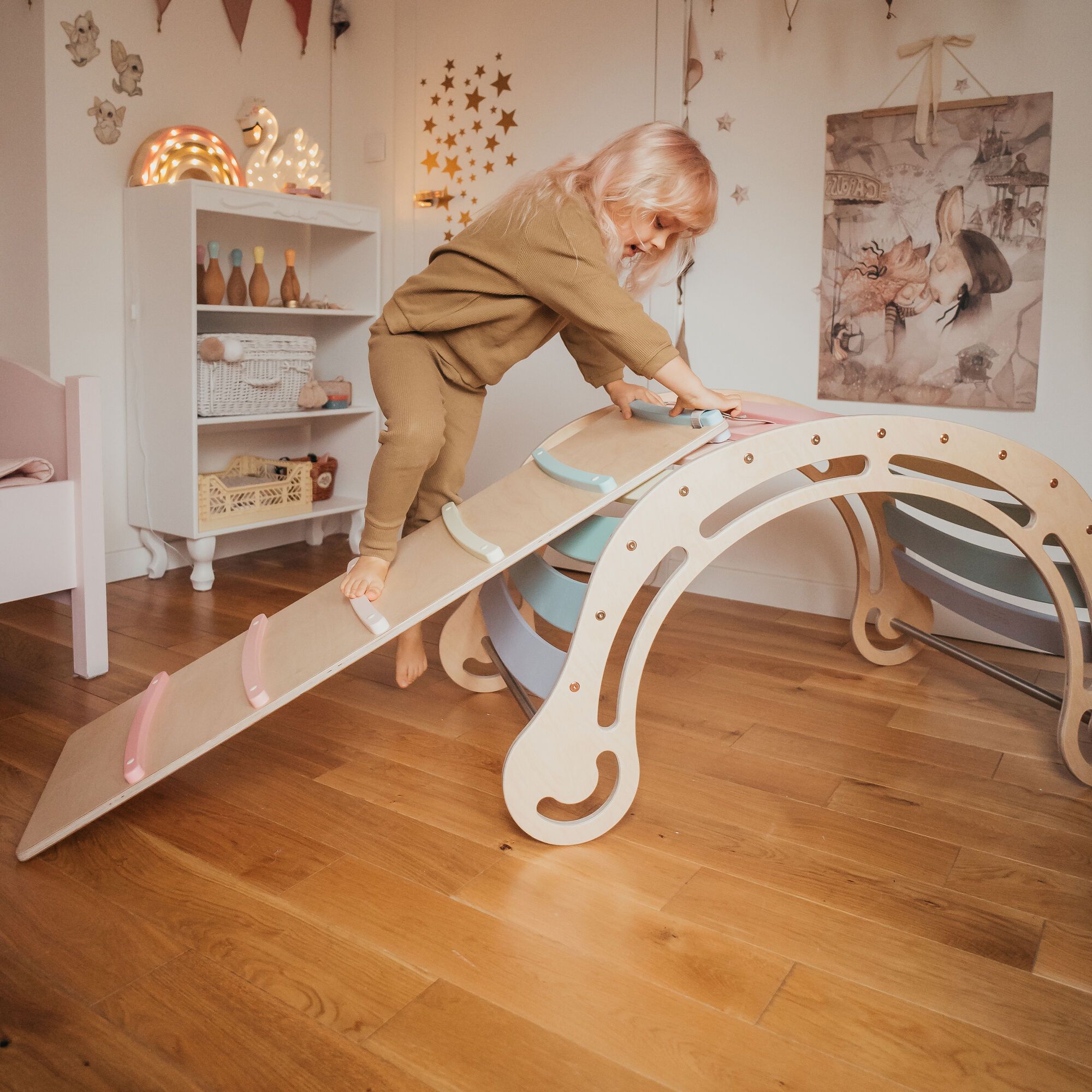 Wooden XXL Climbing Wall with Slide Pastel