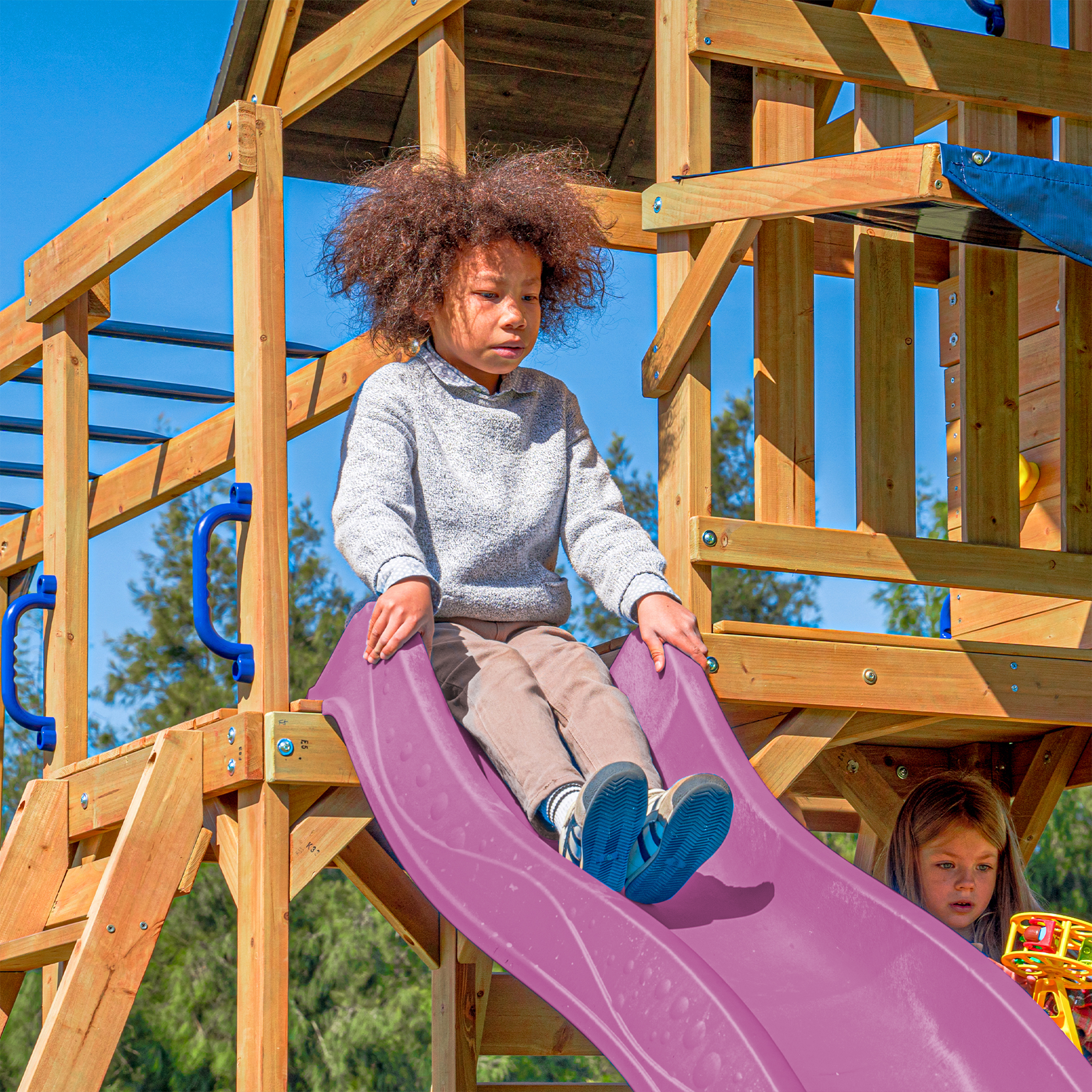 AXI Mitch Climbing Frame with Double Swing. Trapeze and Lookout Tower – Purple Slide