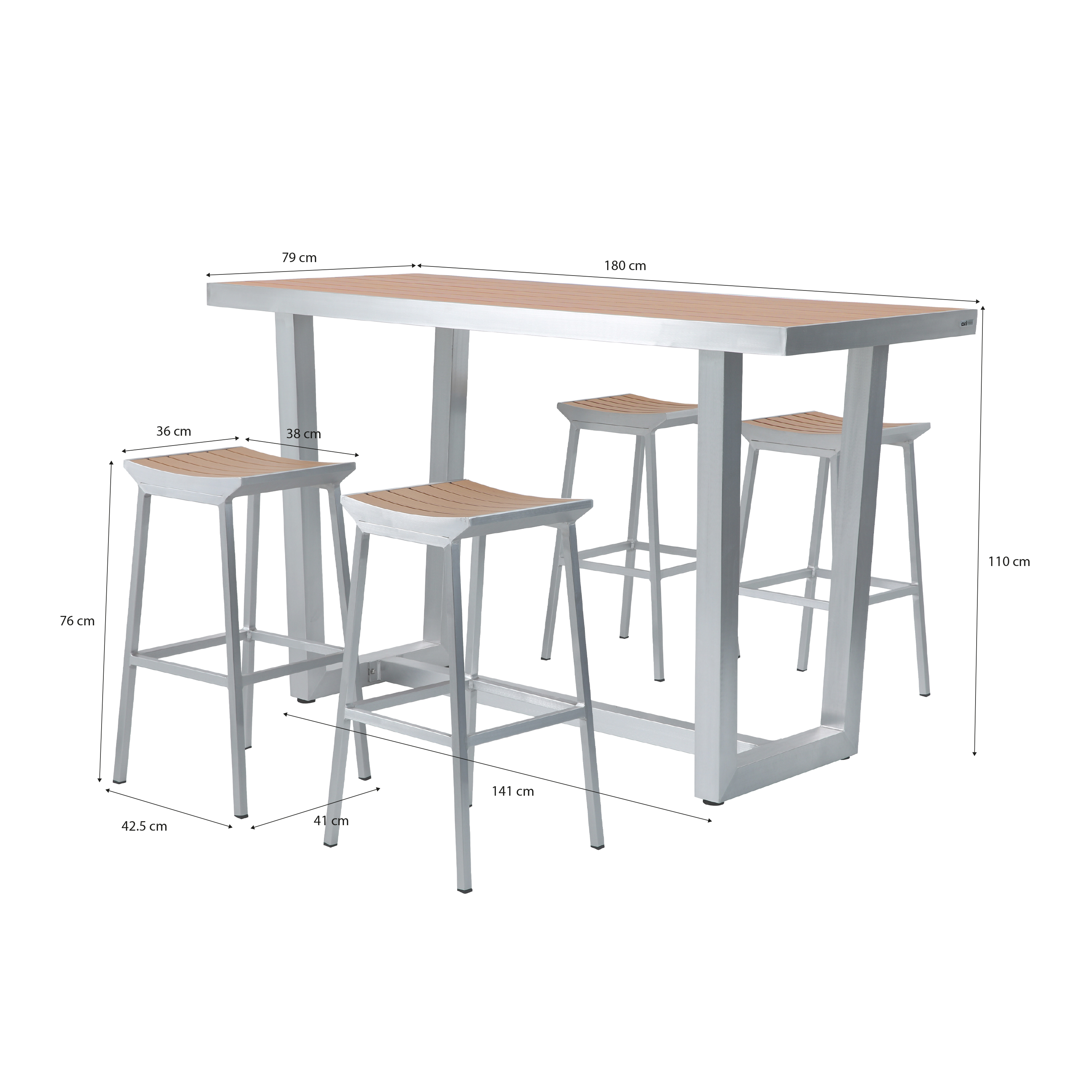 AXI James Bar Set with 4 bar stools - Aluminum/Wood-look