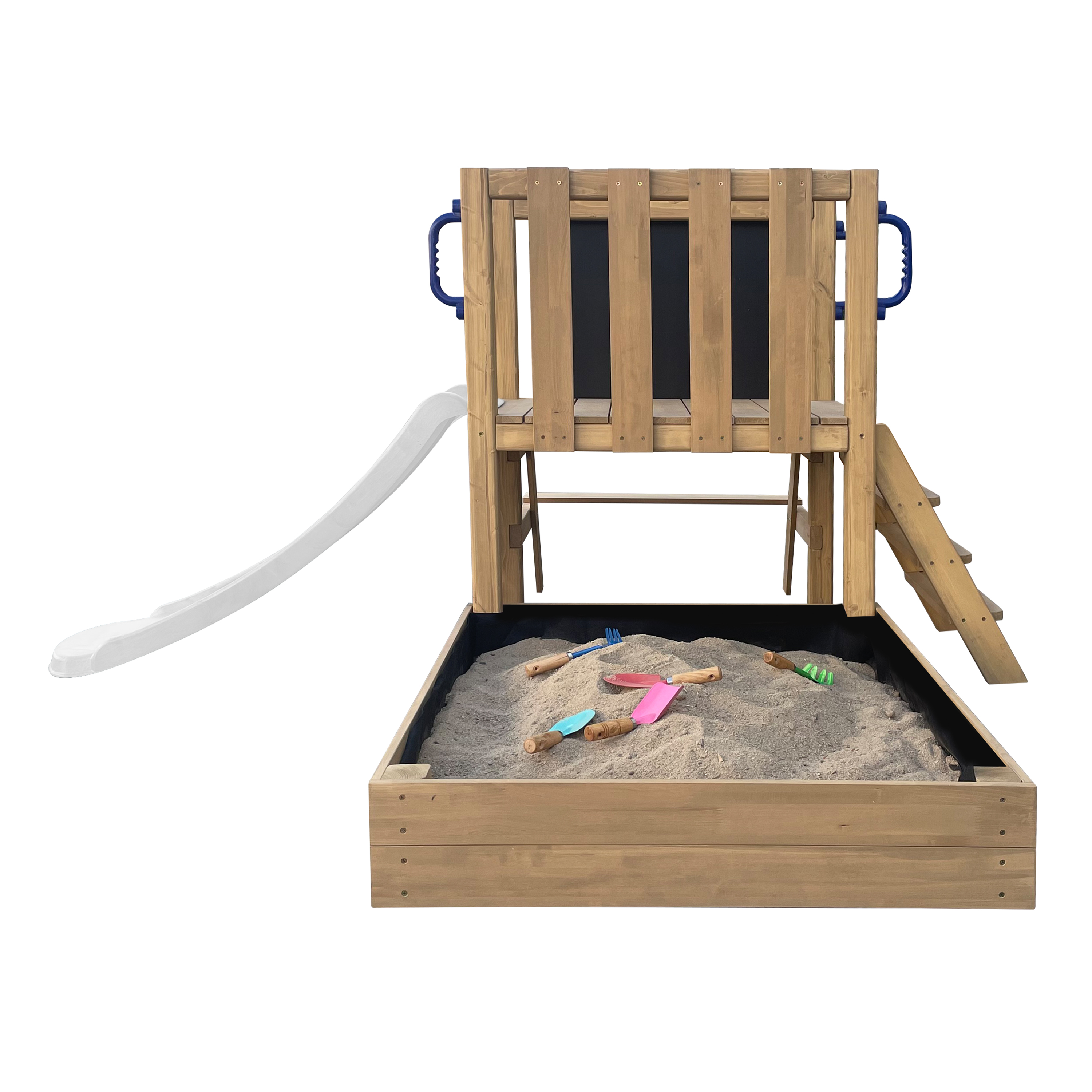 AXI Leah Mini Wooden Playtower with Sandbox. Picnic Table & Chalkboard – White Slide