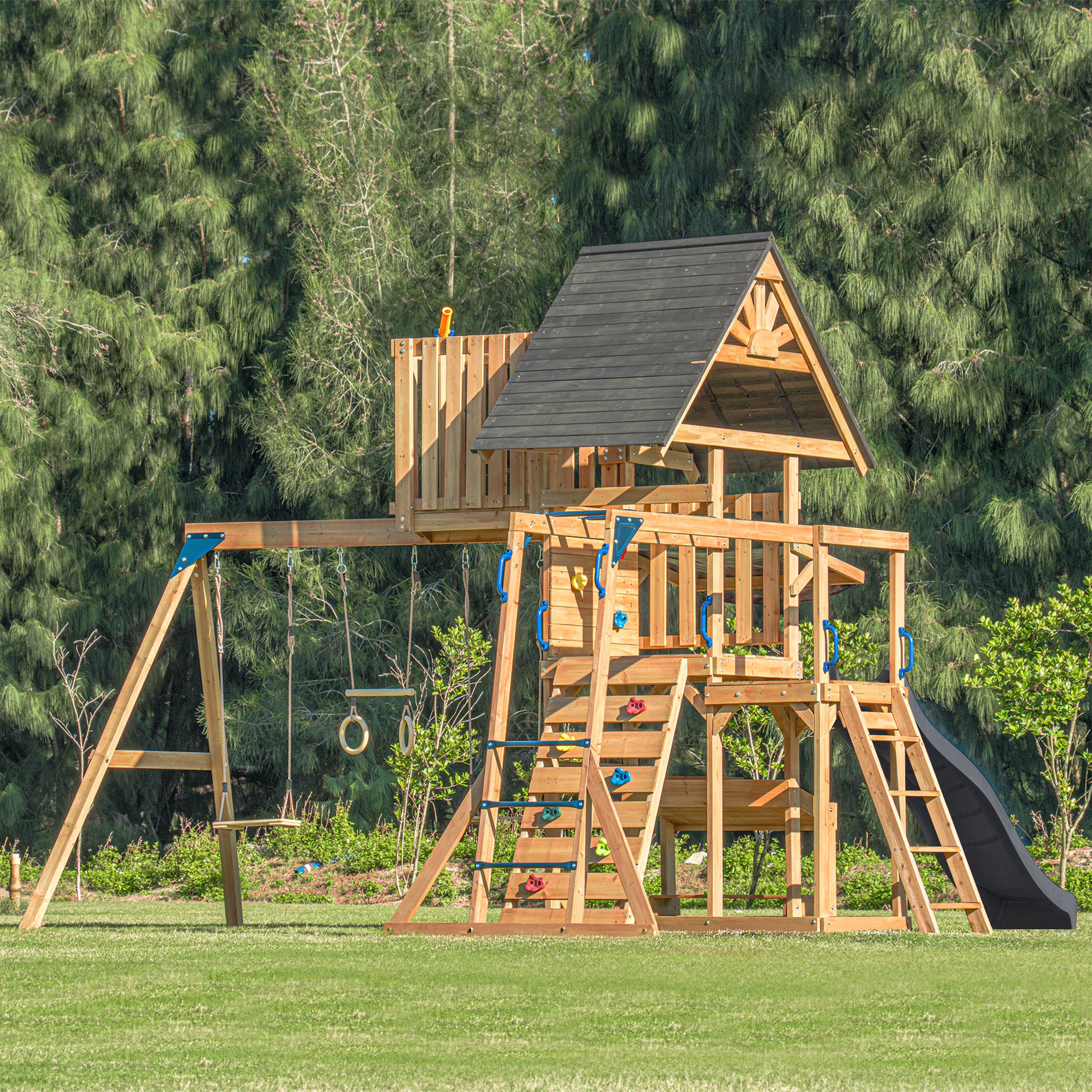 AXI Mitch Climbing Frame with Double Swing, Trapeze and Lookout Tower – Grey Slide