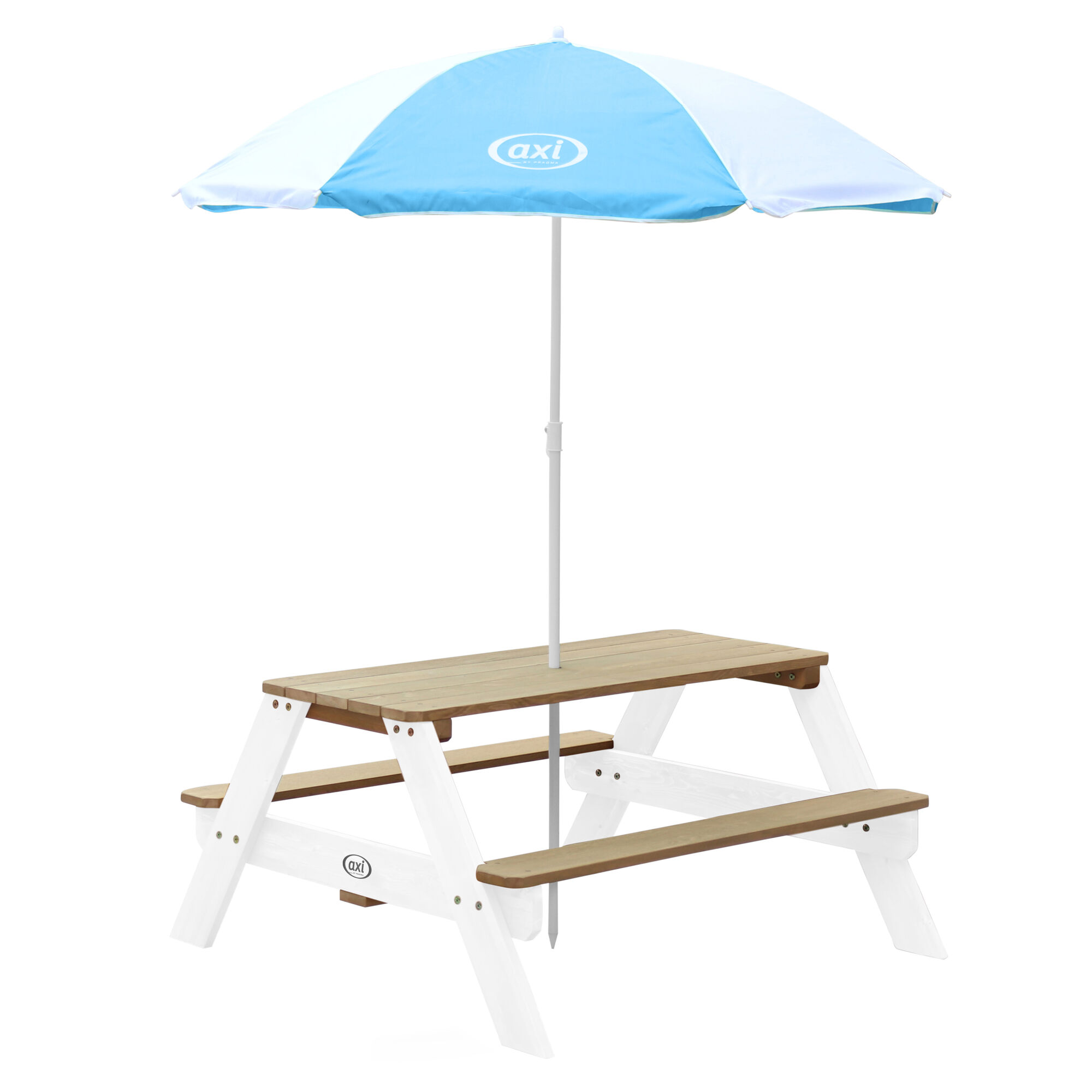 productfoto AXI Nick Picknicktafel Bruin/wit - Parasol Blauw/wit