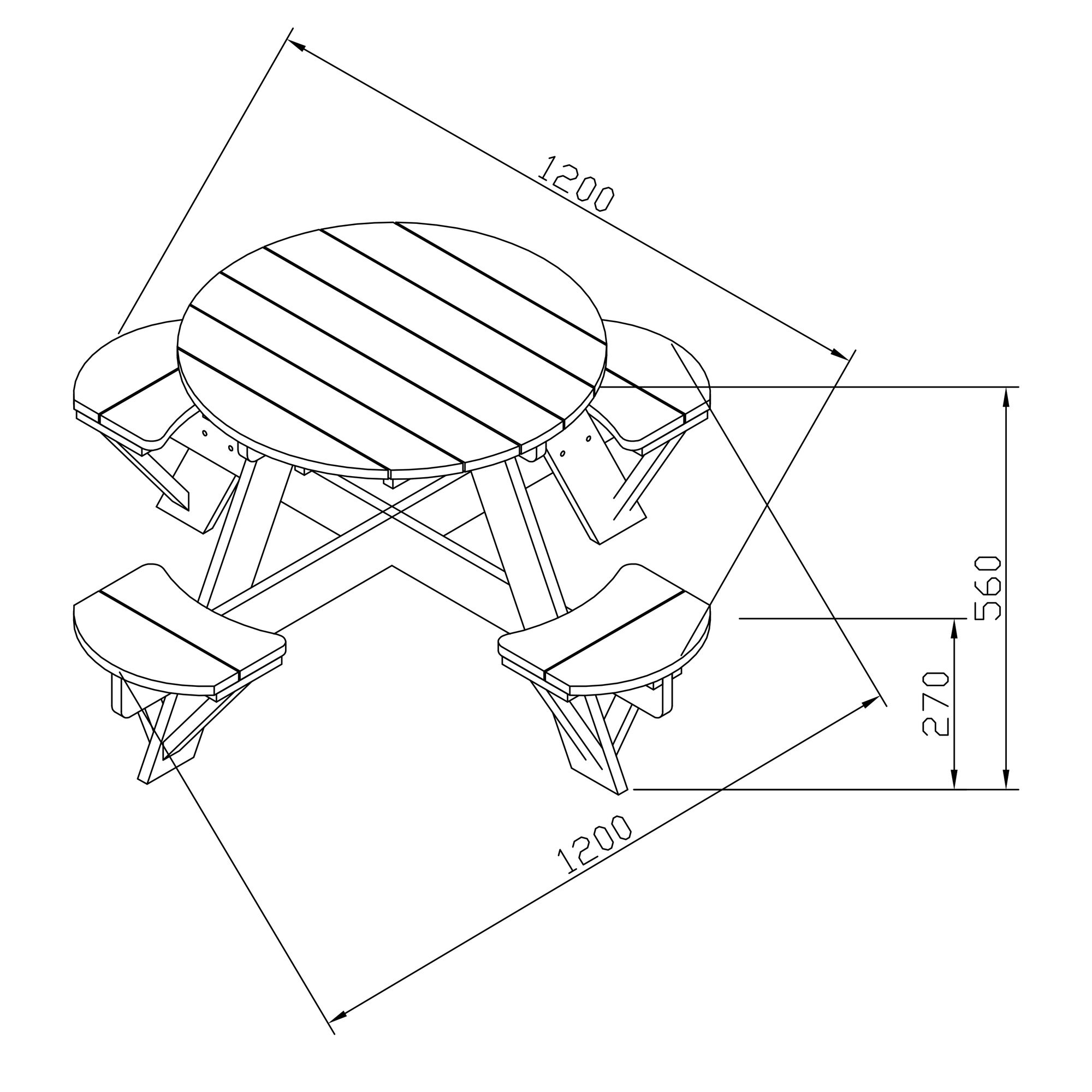 maattekening AXI UFO Picknicktafel Rond Bruin/wit