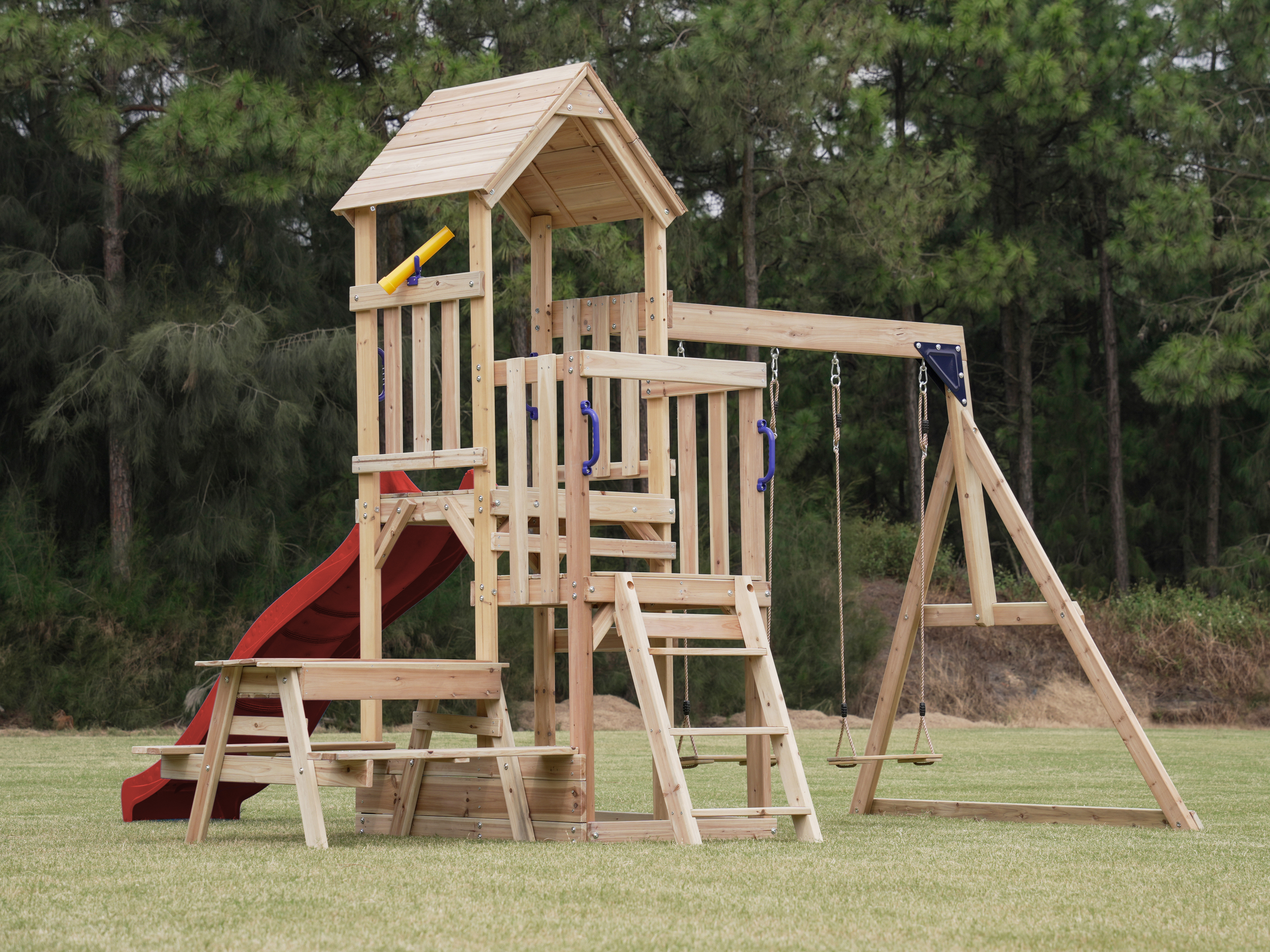 AXI Mette Climbing Frame with Double Swing Set and Picnic Table - Red Slide