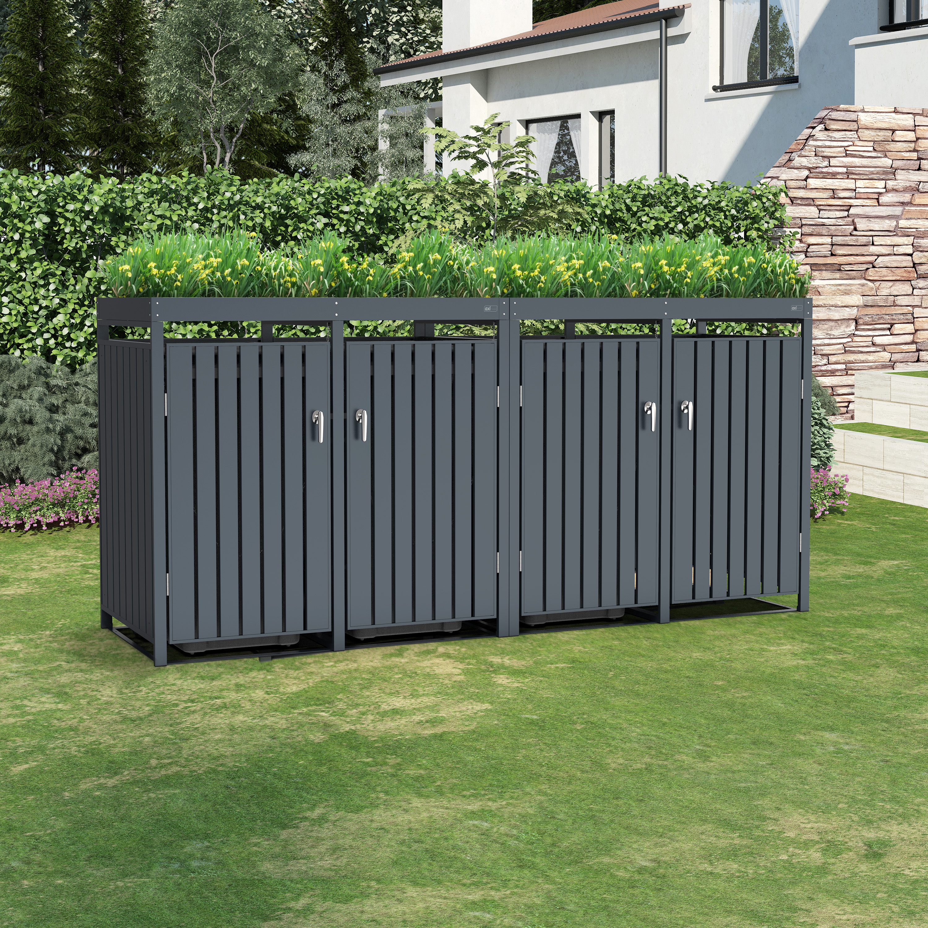 AXI Leon Metal Garbage Bin Shed with Planter - 4 Garbage Bins