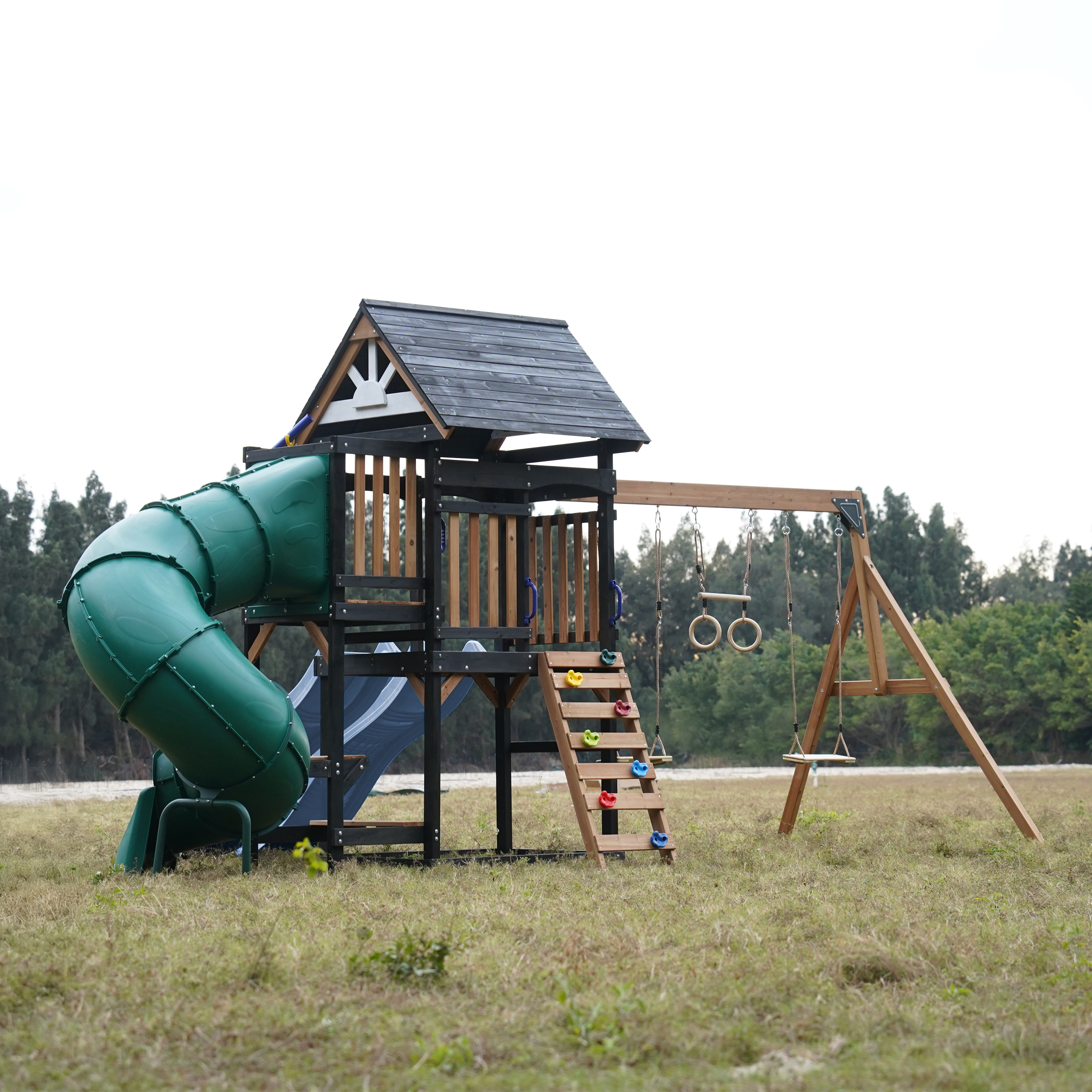 AXI Cody Climbing Frame with Swings. Trapeze and Climbing Wall – Pastel Blue Double Slide and Tube Slide