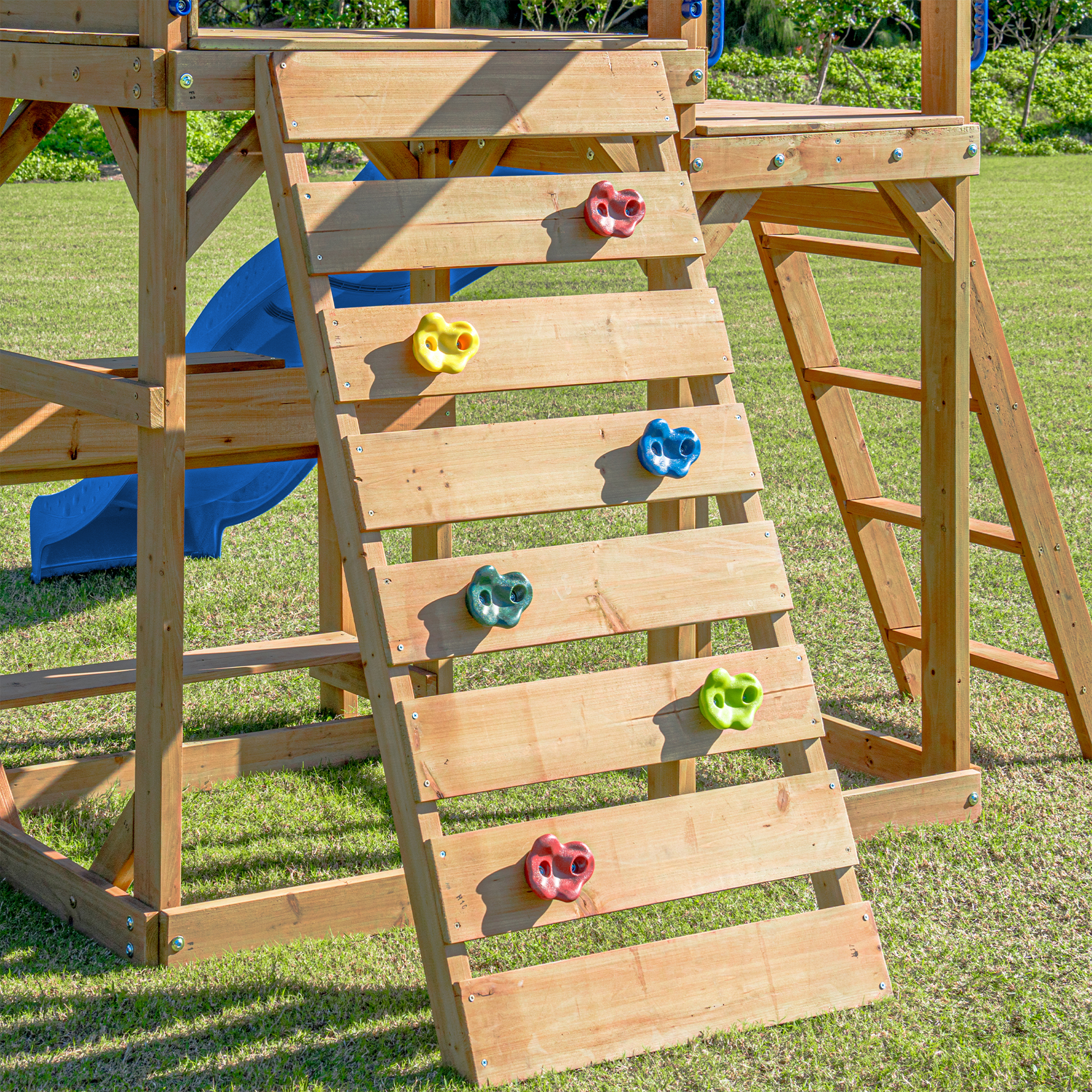 AXI Mitch Climbing Frame with Double Swing, Trapeze and Lookout Tower – Blue Slide