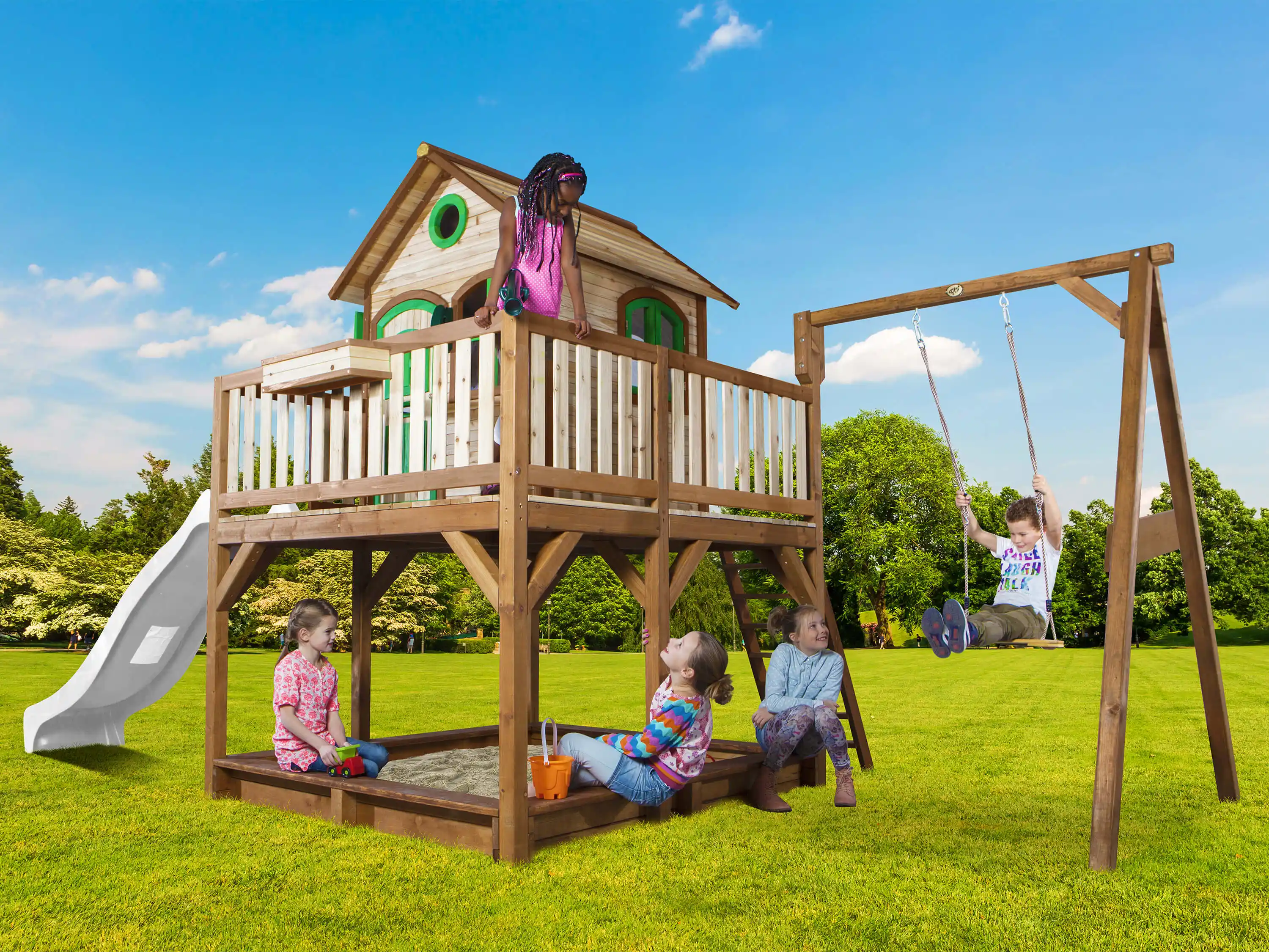 AXI Liam Playhouse with Single Swing Set Brown/Green - White Slide