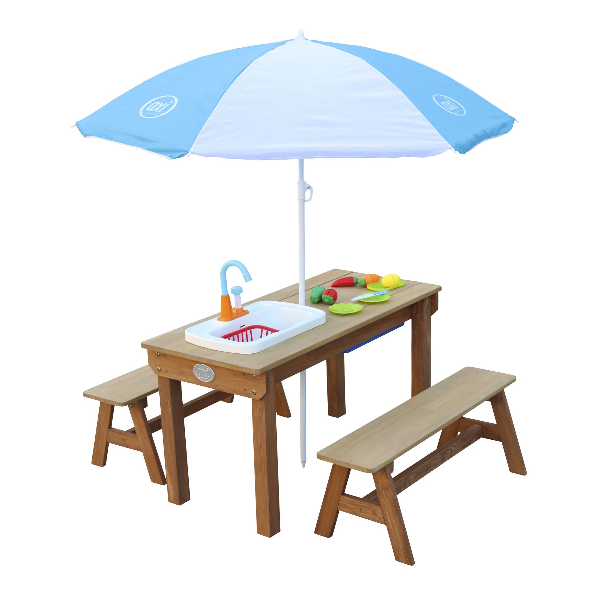 AXI Dennis Sand & Water Picnic Table with Play Kitchen Sink and Benches Brown - Umbrella Blue/White