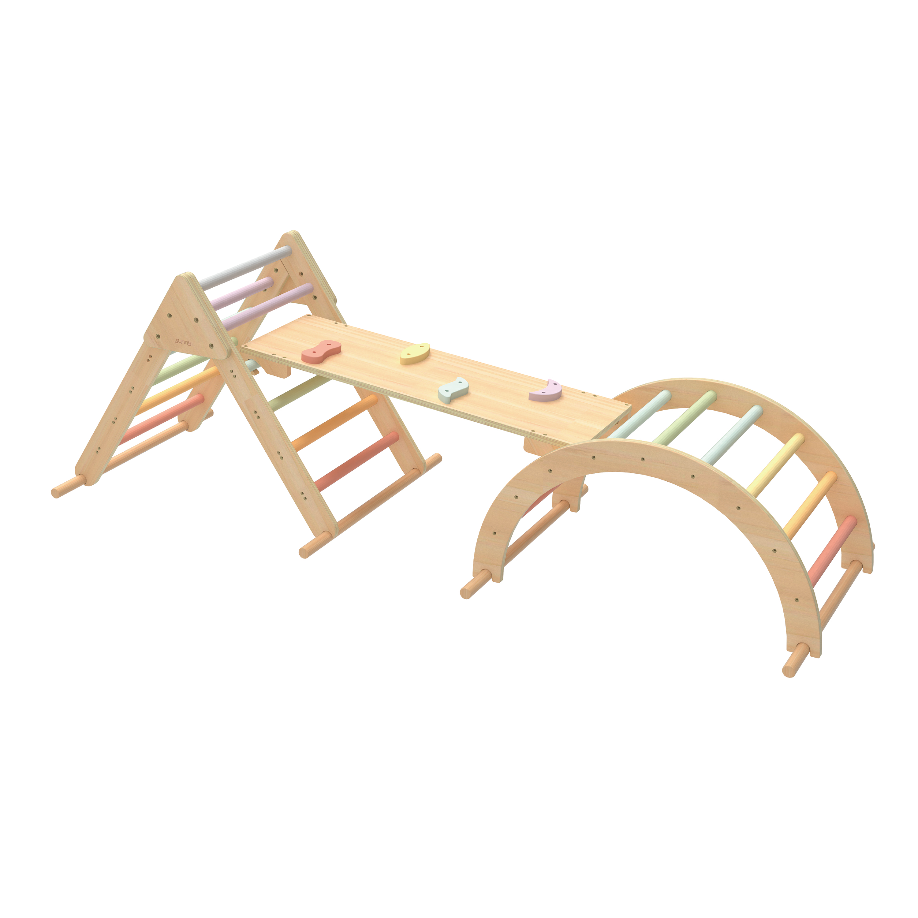 Sunny Charlie 3-in-1 Wooden Climbing Triangle with Climbing Wall and Rocker - Pastel