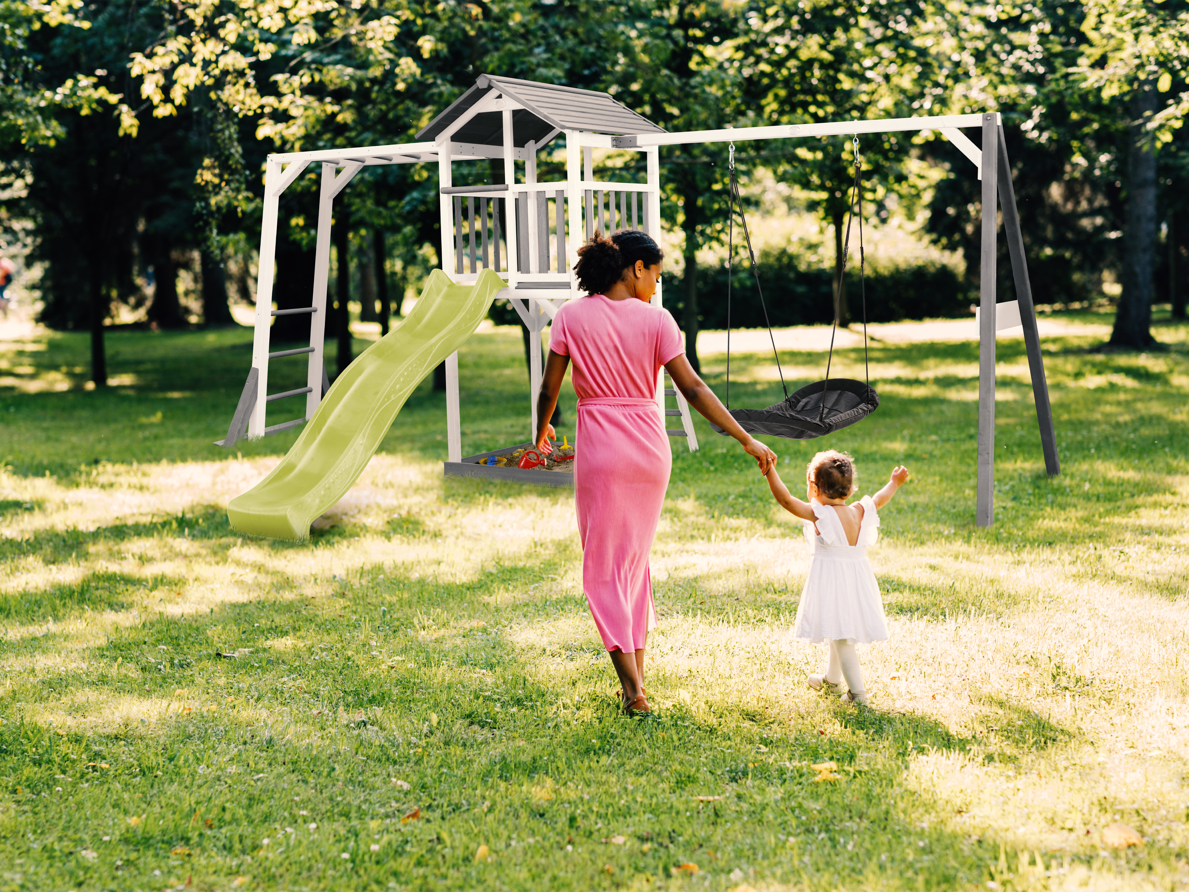 AXI Beach Tower with Climbing Frame and Roxy Nest Swing Set Grey/White - Lime Green Slide